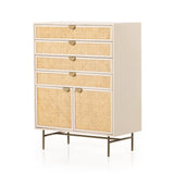 Featuring Luella Tall Dresser - Matte Alabaster by Four Hands at Amethyst Home. Bring a light look to bedroom styling with this Luella Tall Dresser - Matte Alabaster. A tall, lacquered dresser features woven cane panels and half-moon hardware finished in an aged brass. Four drawers plus cabinetry with interior shelving for generous storage space for any b.  Amethyst Home provides interior design, new home construction design consulting, vintage area rugs, and lighting in the Des Moines metro area.