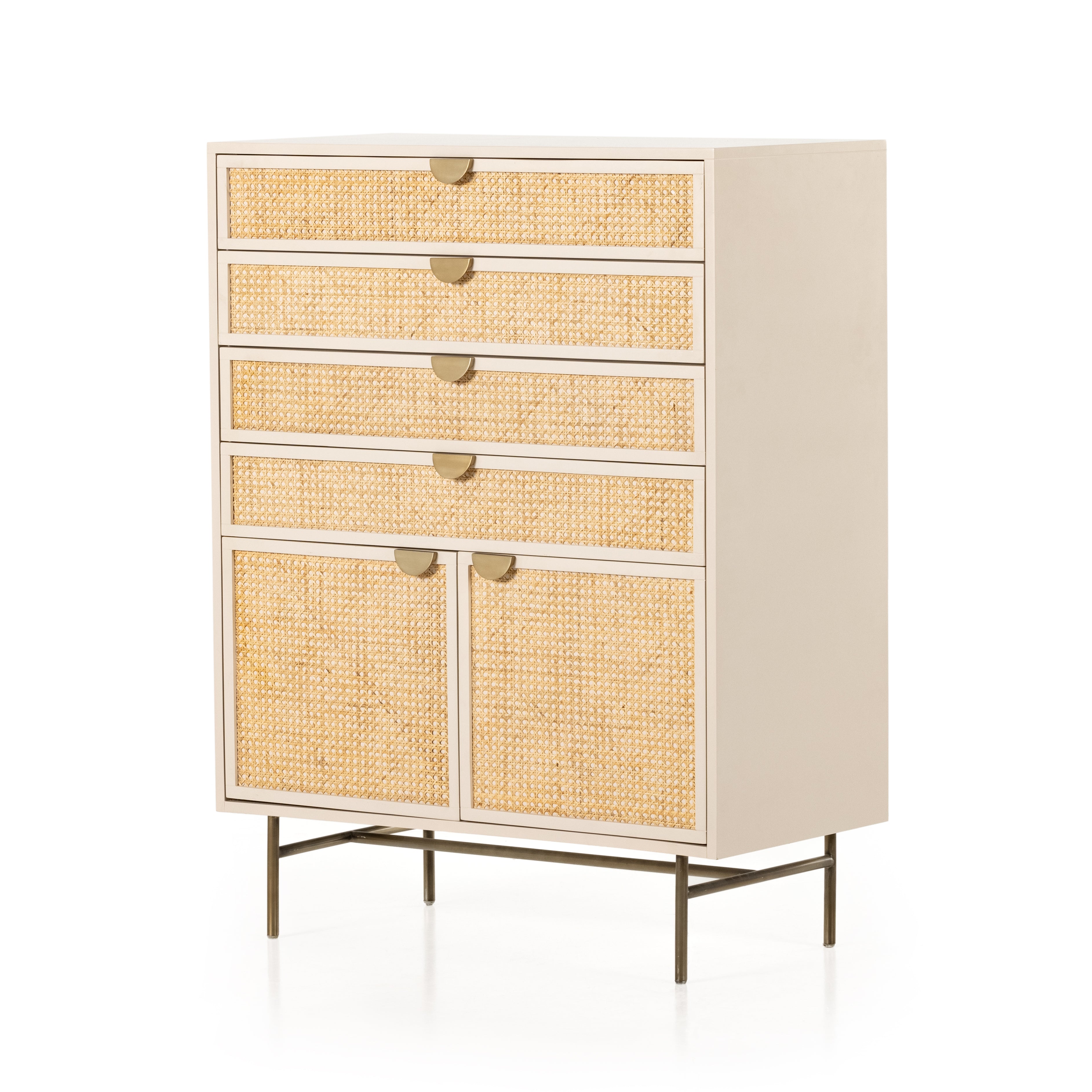 Featuring Luella Tall Dresser - Matte Alabaster by Four Hands at Amethyst Home. Bring a light look to bedroom styling with this Luella Tall Dresser - Matte Alabaster. A tall, lacquered dresser features woven cane panels and half-moon hardware finished in an aged brass. Four drawers plus cabinetry with interior shelving for generous storage space for any b.  Amethyst Home provides interior design, new home construction design consulting, vintage area rugs, and lighting in the Des Moines metro area.