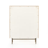 Featuring Luella Tall Dresser - Matte Alabaster by Four Hands at Amethyst Home. Bring a light look to bedroom styling with this Luella Tall Dresser - Matte Alabaster. A tall, lacquered dresser features woven cane panels and half-moon hardware finished in an aged brass. Four drawers plus cabinetry with interior shelving for generous storage space for an.  Amethyst Home provides interior design, new home construction design consulting, vintage area rugs, and lighting in the Newport Beach metro area.