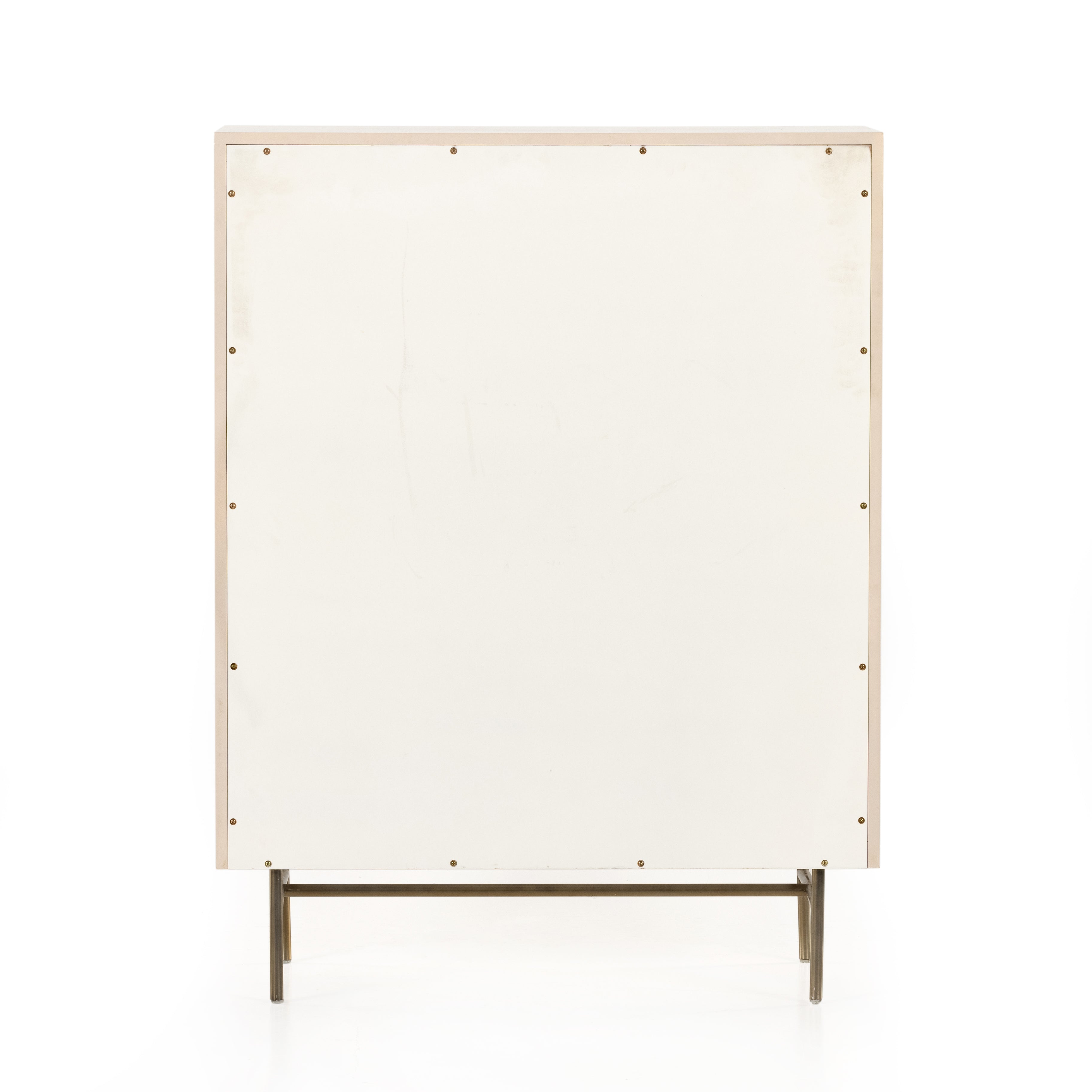Featuring Luella Tall Dresser - Matte Alabaster by Four Hands at Amethyst Home. Bring a light look to bedroom styling with this Luella Tall Dresser - Matte Alabaster. A tall, lacquered dresser features woven cane panels and half-moon hardware finished in an aged brass. Four drawers plus cabinetry with interior shelving for generous storage space for an.  Amethyst Home provides interior design, new home construction design consulting, vintage area rugs, and lighting in the Newport Beach metro area.
