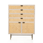 Featuring Luella Tall Dresser - Matte Alabaster by Four Hands at Amethyst Home. Bring a light look to bedroom styling with this Luella Tall Dresser - Matte Alabaster. A tall, lacquered dresser features woven cane panels and half-moon hardware finished in an aged brass. Four drawers plus cabinetry with interior shelving for generous storage space for a.  Amethyst Home provides interior design, new home construction design consulting, vintage area rugs, and lighting in the Salt Lake City metro area.
