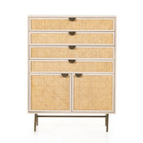 Featuring Luella Tall Dresser - Matte Alabaster by Four Hands at Amethyst Home. Bring a light look to bedroom styling with this Luella Tall Dresser - Matte Alabaster. A tall, lacquered dresser features woven cane panels and half-moon hardware finished in an aged brass. Four drawers plus cabinetry with interior shelving for generous storage space for a.  Amethyst Home provides interior design, new home construction design consulting, vintage area rugs, and lighting in the Salt Lake City metro area.