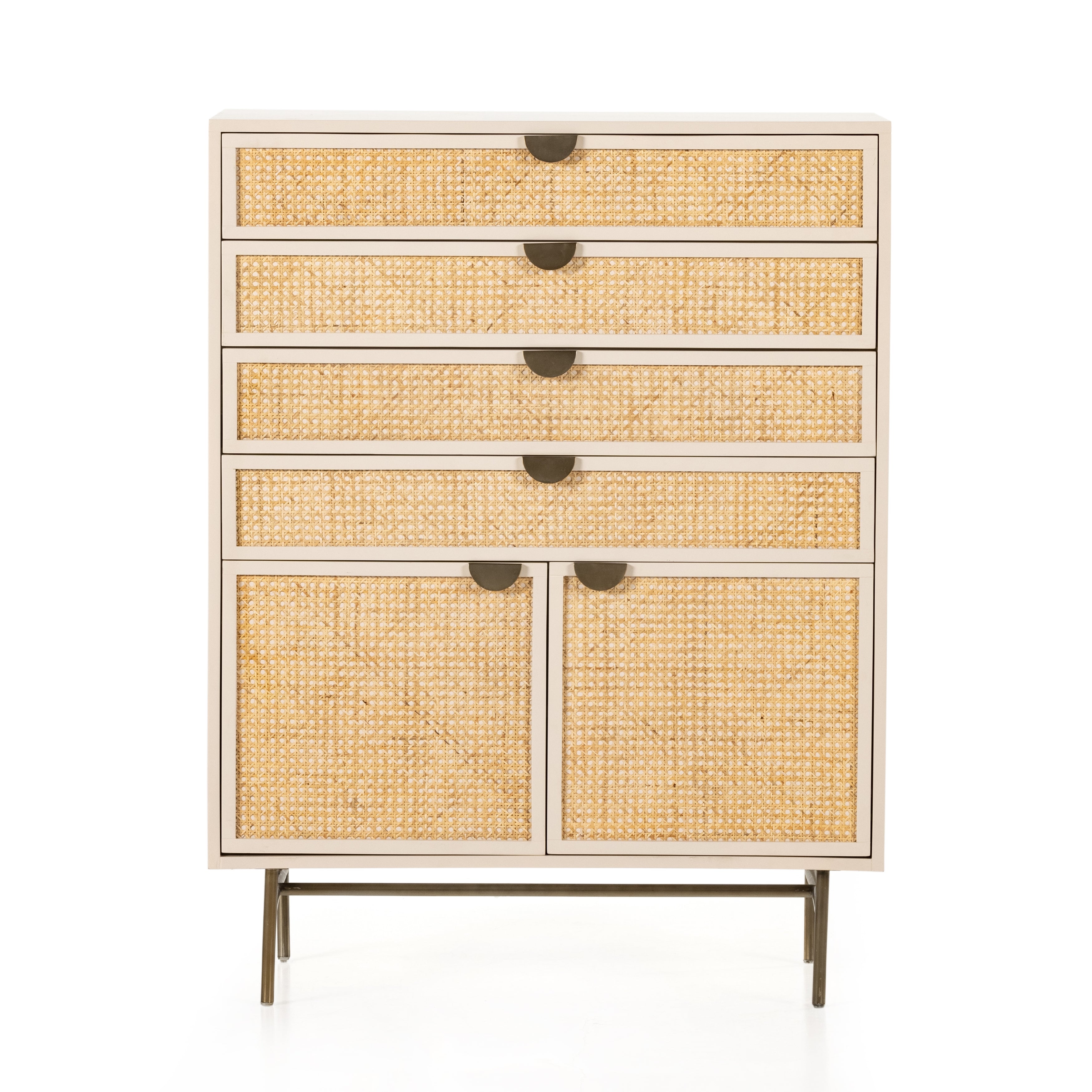 Bring a light look to bedroom styling with this Luella Tall Dresser - Matte Alabaster. A tall, lacquered dresser features woven cane panels and half-moon hardware finished in an aged brass. Four drawers plus cabinetry with interior shelving for generous storage space for any bedroom!   Overall Dimensions: 38.00"w x 19.00"d x 50.00"h