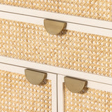 Featuring Luella Tall Dresser - Matte Alabaster by Four Hands at Amethyst Home. Bring a light look to bedroom styling with this Luella Tall Dresser - Matte Alabaster. A tall, lacquered dresser features woven cane panels and half-moon hardware finished in an aged brass. Four drawers plus cabinetry with interior shelving for generous storage space for any bedr.  Amethyst Home provides interior design, new home construction design consulting, vintage area rugs, and lighting in the Seattle metro area.