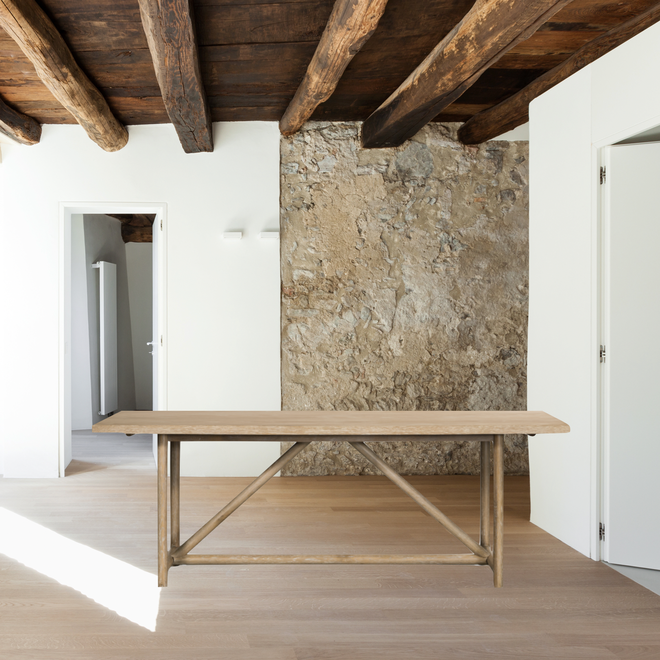 Featuring Mika Dining Table by Four Hands at Amethyst Home. Rustic goes modern with this Mika Dining Table. A triangular stretcher brings architectural interest to this simply styled dining table of white-washed oak.
Overall Dimensions: 84"W x 36"L x 30"H
Colors: Whitewashed Oak VeneerMaterials: Oak VeneerWeight: 119.05 lbVolume: 22.18 cu ftClearance from.  Amethyst Home provides interior design, new home construction design consulting, vintage area rugs, and lighting in the Washington metro area.