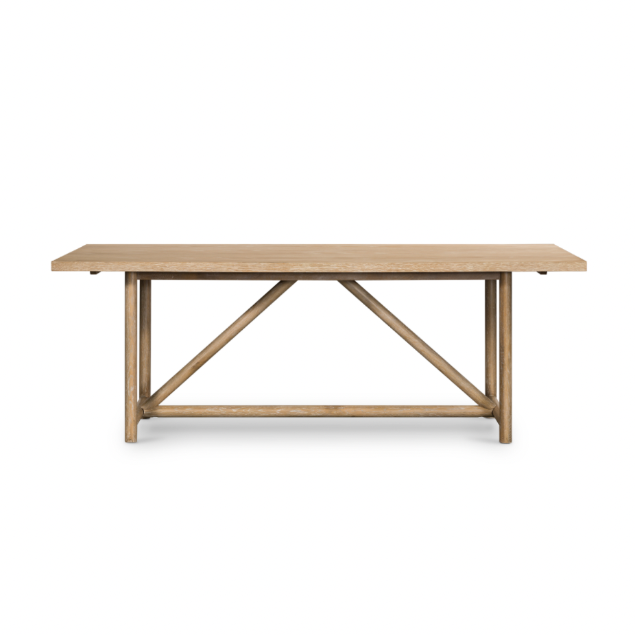 Rustic goes modern with this Mika Dining Table. A triangular stretcher brings architectural interest to this simply styled dining table of white-washed oak.  Overall Dimensions: 84.00"w x 36.00"d x 30.00"h  Colors: Whitewashed Oak Materials: Oak, Oak Veneer