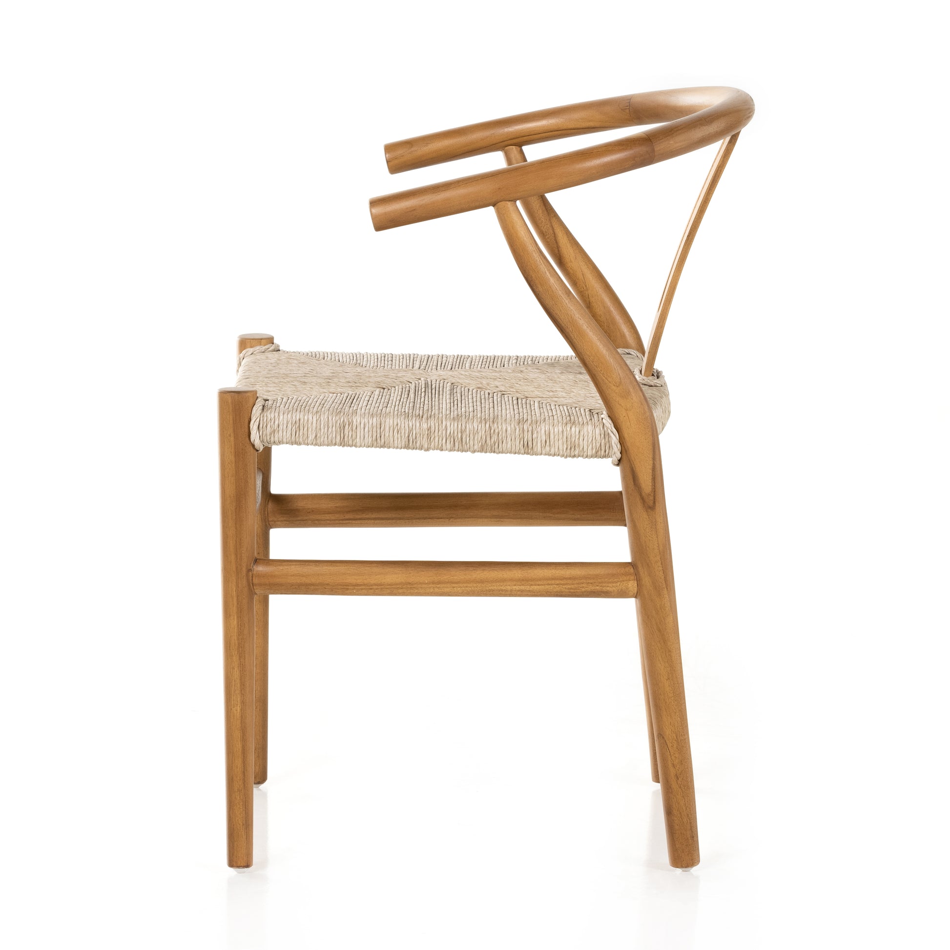 Modern curves redefine classic wishbone seating in this Muestra Dining Chair - Natural Teak. Vintage white all-weather wicker is woven for a dose of fresh texture against a neutral frame of natural teak. Cover or store indoors during inclement weather and when not in use.  Overall Dimensions: 21.50"w x 22.50"d x 31.50"h