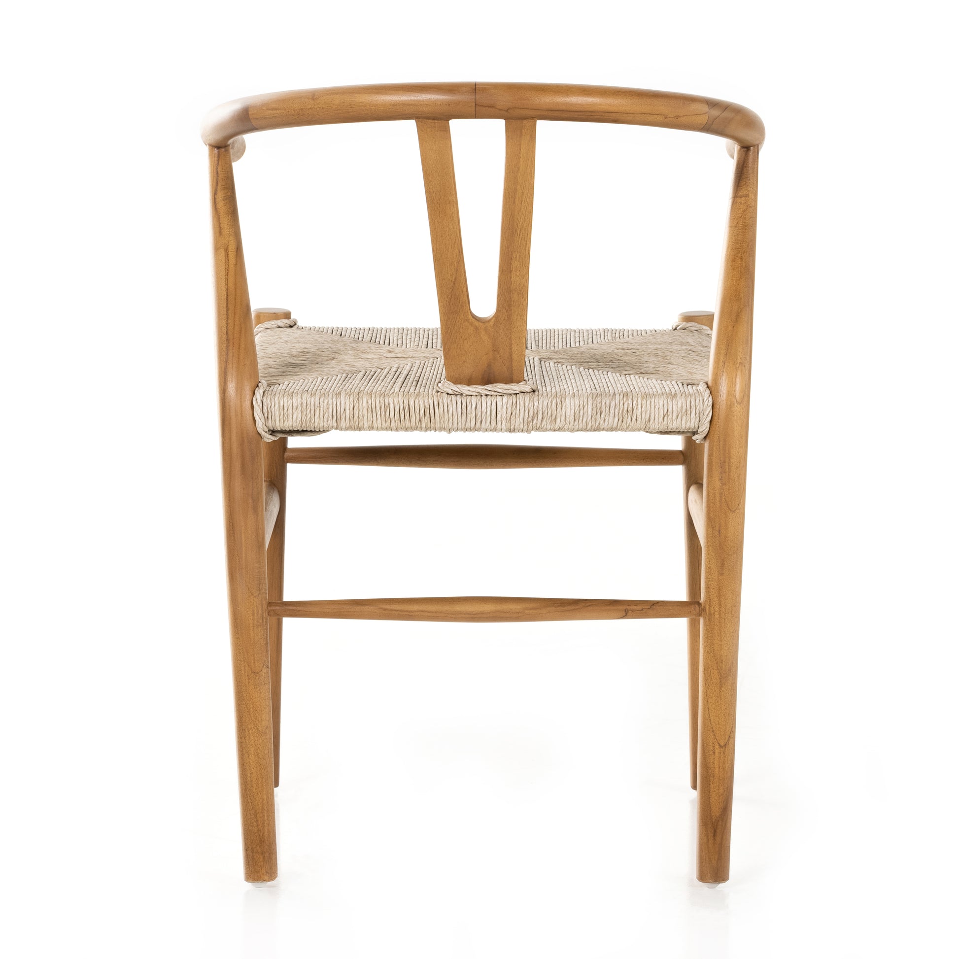 Modern curves redefine classic wishbone seating in this Muestra Dining Chair - Natural Teak. Vintage white all-weather wicker is woven for a dose of fresh texture against a neutral frame of natural teak. Cover or store indoors during inclement weather and when not in use.  Overall Dimensions: 21.50"w x 22.50"d x 31.50"h
