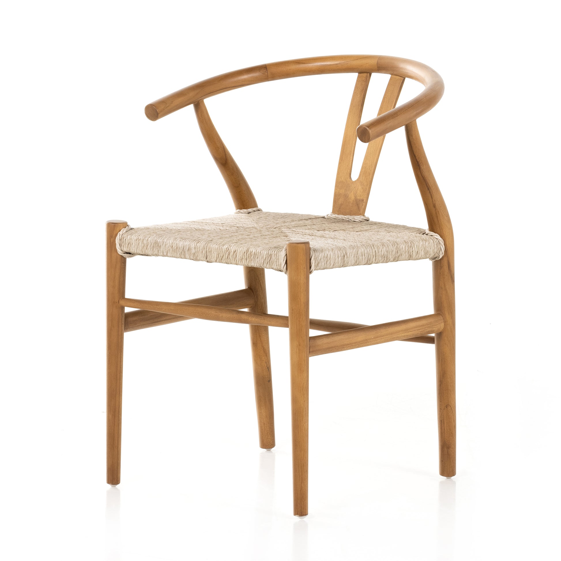 Modern curves redefine classic wishbone seating in this Muestra Dining Chair - Natural Teak. Vintage white all-weather wicker is woven for a dose of fresh texture against a neutral frame of natural teak. Cover or store indoors during inclement weather and when not in use.  Overall Dimensions: 21.50"w x 22.50"d x 31.50"h