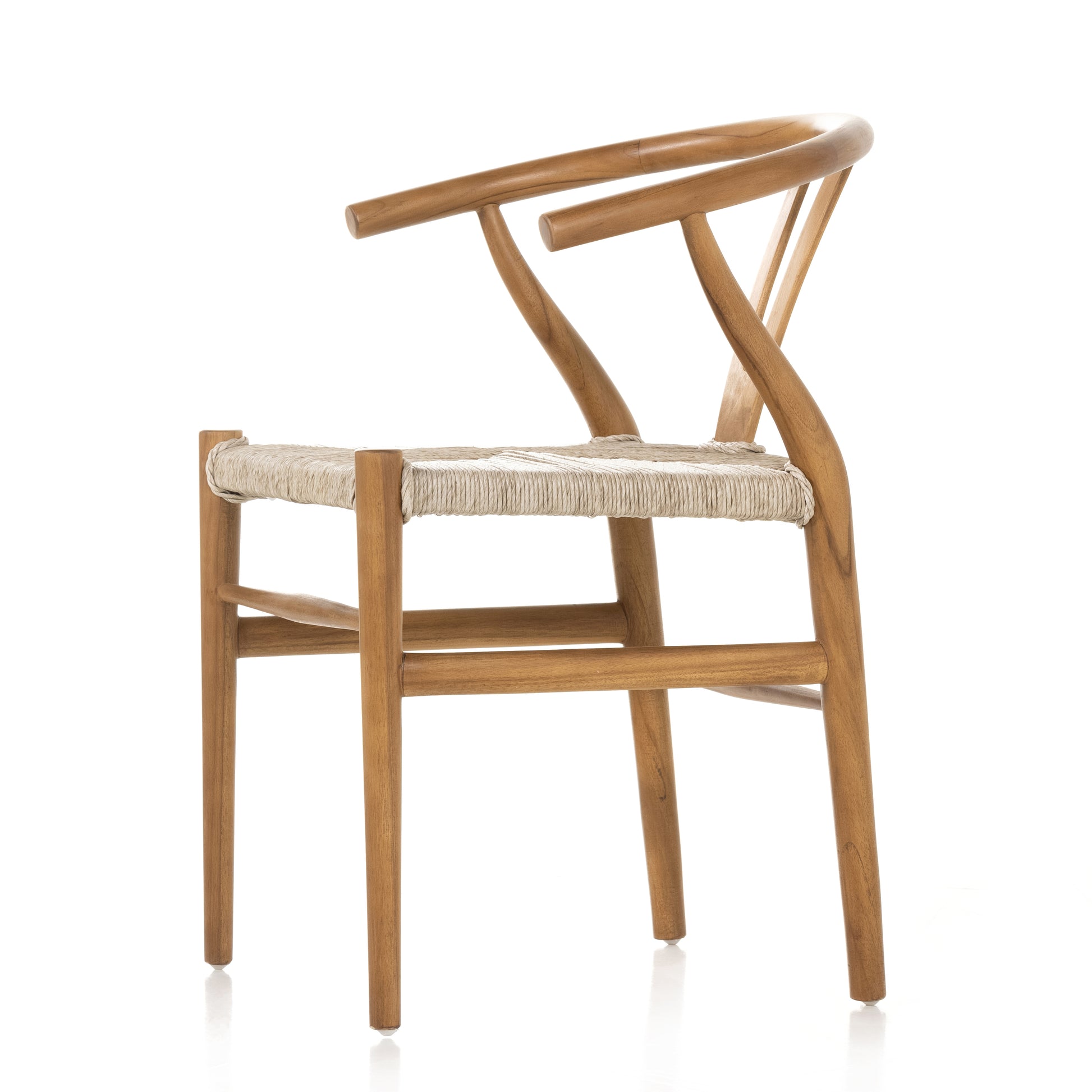 Modern curves redefine classic wishbone seating in this Muestra Dining Chair - Natural Teak. Vintage white all-weather wicker is woven for a dose of fresh texture against a neutral frame of natural teak. Cover or store indoors during inclement weather and when not in use.  Overall Dimensions: 21.50"w x 22.50"d x 31.50"h