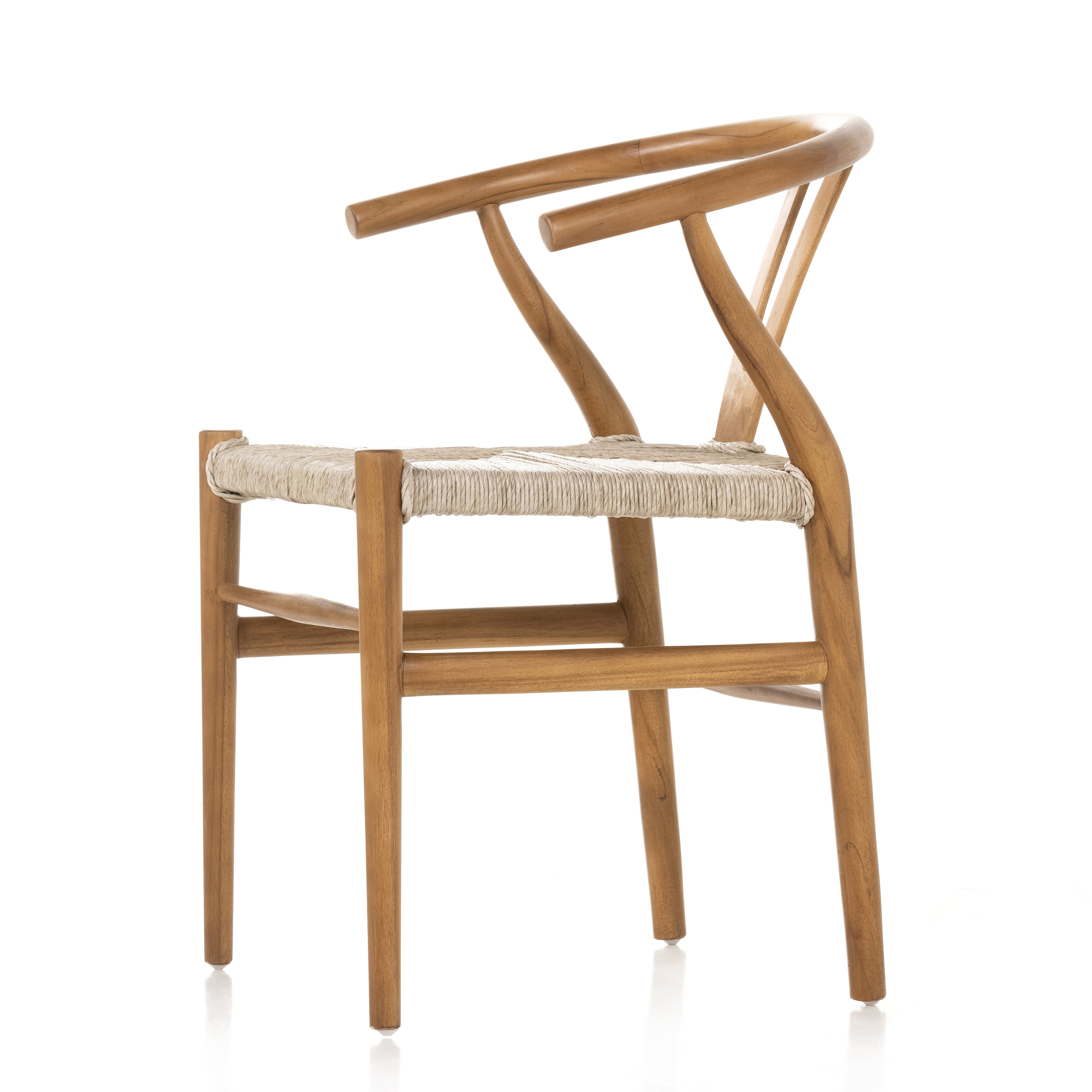 Modern curves redefine classic wishbone seating in this Muestra Dining Chair - Natural Teak. Vintage white all-weather wicker is woven for a dose of fresh texture against a neutral frame of natural teak. Cover or store indoors during inclement weather and when not in use.  Overall Dimensions: 21.50"w x 22.50"d x 31.50"h