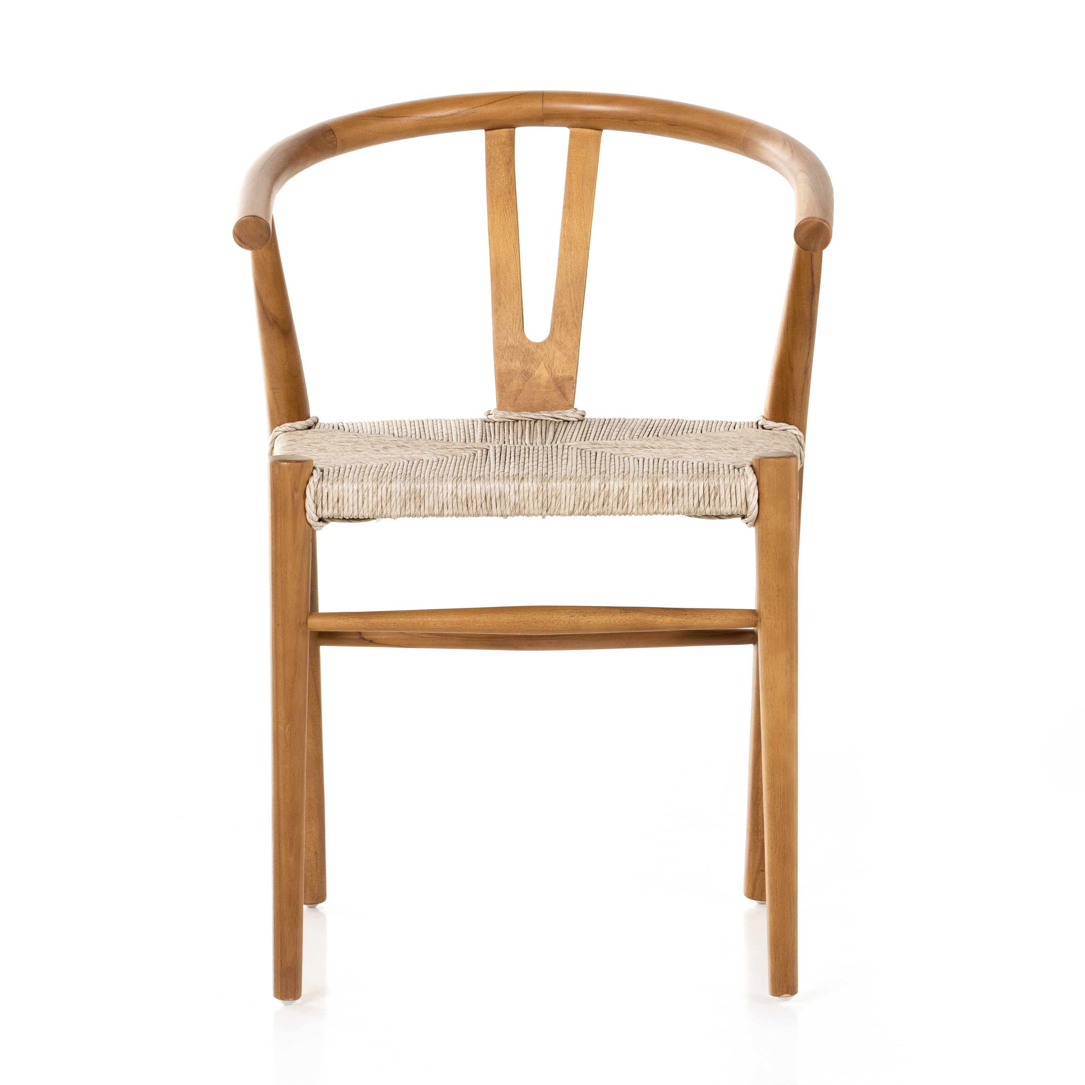 Modern curves redefine classic wishbone seating in this Muestra Dining Chair - Natural Teak. Vintage white all-weather wicker is woven for a dose of fresh texture against a neutral frame of natural teak. Cover or store indoors during inclement weather and when not in use.  Overall Dimensions: 21.50"w x 22.50"d x 31.50"h