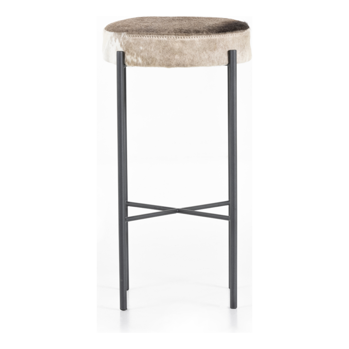 The Nocona Speckled Hide Bar and Counter stool is modern minimalist to a T. Slim and airy, gunmetal-finished iron legs form a cradle-style frame for speckled hide seating, perfectly sized for the counter or bar. Each hide will be unique and will vary. Amethyst Home provides interior design, new home construction design consulting, vintage area rugs, and lighting in the Boston metro area.