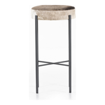 The Nocona Speckled Hide Bar and Counter stool is modern minimalist to a T. Slim and airy, gunmetal-finished iron legs form a cradle-style frame for speckled hide seating, perfectly sized for the counter or bar. Each hide will be unique and will vary. Amethyst Home provides interior design, new home construction design consulting, vintage area rugs, and lighting in the Boston metro area.