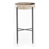 The Nocona Speckled Hide Bar and Counter stool is modern minimalist to a T. Slim and airy, gunmetal-finished iron legs form a cradle-style frame for speckled hide seating, perfectly sized for the counter or bar. Each hide will be unique and will vary. Amethyst Home provides interior design, new home construction design consulting, vintage area rugs, and lighting in the Boston metro area.