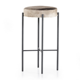 The Nocona Speckled Hide Bar and Counter stool is modern minimalist to a T. Slim and airy, gunmetal-finished iron legs form a cradle-style frame for speckled hide seating, perfectly sized for the counter or bar. Each hide will be unique and will vary. Amethyst Home provides interior design, new home construction design consulting, vintage area rugs, and lighting in the Winter Garden metro area.
