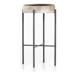 The Nocona Speckled Hide Bar and Counter stool is modern minimalist to a T. Slim and airy, gunmetal-finished iron legs form a cradle-style frame for speckled hide seating, perfectly sized for the counter or bar. Each hide will be unique and will vary. Amethyst Home provides interior design, new home construction design consulting, vintage area rugs, and lighting in the Laguna Beach metro area.
