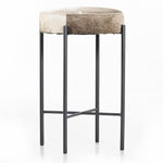 The Nocona Speckled Hide Bar and Counter stool is modern minimalist to a T. Slim and airy, gunmetal-finished iron legs form a cradle-style frame for speckled hide seating, perfectly sized for the counter or bar. Each hide will be unique and will vary. Amethyst Home provides interior design, new home construction design consulting, vintage area rugs, and lighting in the Tampa metro area.