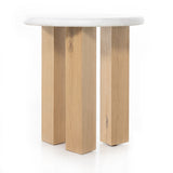 This Odin Nightstand - Stucco White is crisp, clean and beautifully simple. Light-finished oak forms a three-leg frame for a rounded tabletop of white-finished faux concrete.  Overall Dimensions: 22.00"w x 22.00"d x 24.00"h