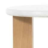 This Odin Nightstand - Stucco White is crisp, clean and beautifully simple. Light-finished oak forms a three-leg frame for a rounded tabletop of white-finished faux concrete.  Overall Dimensions: 22.00"w x 22.00"d x 24.00"h
