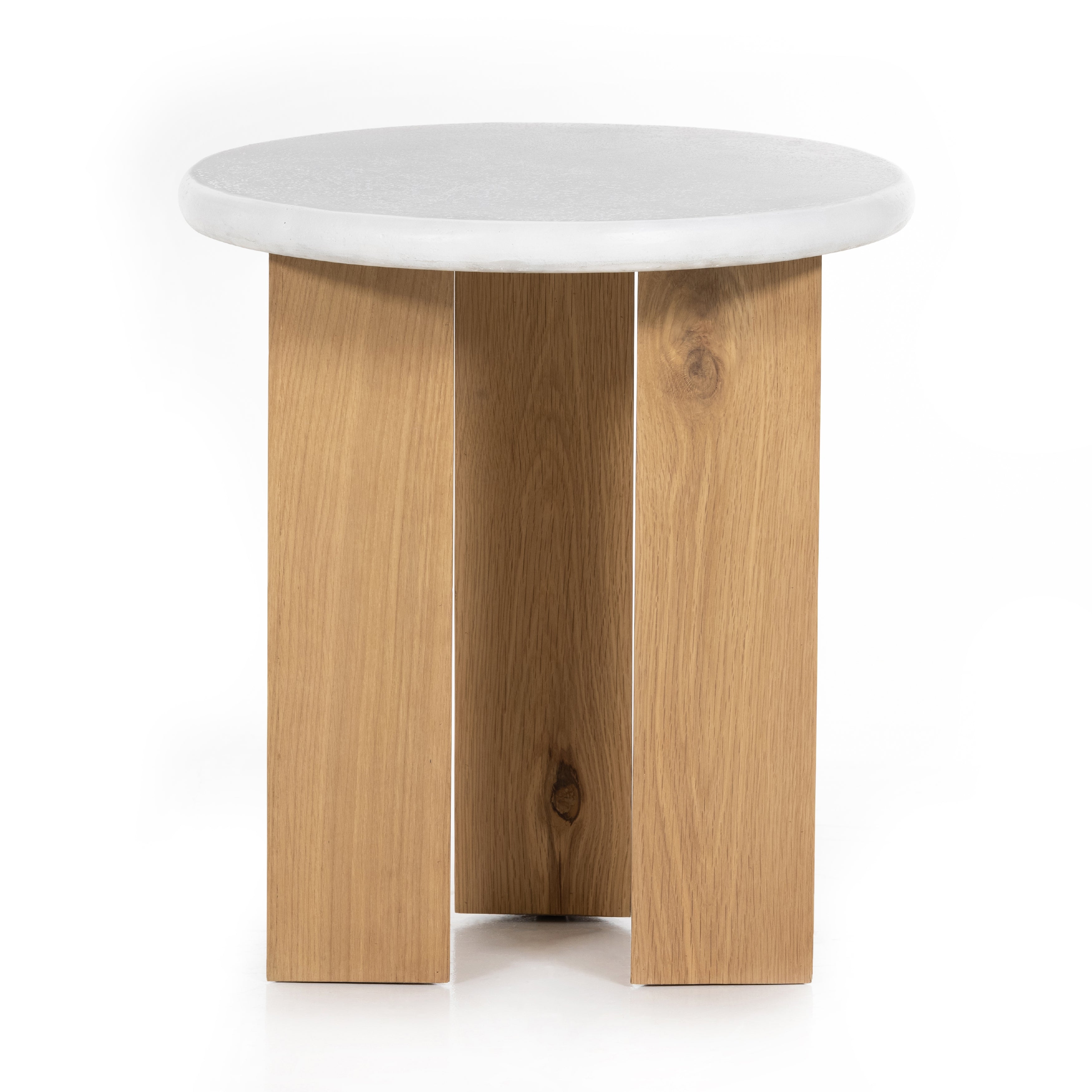 This Odin Nightstand - Stucco White is crisp, clean and beautifully simple. Light-finished oak forms a three-leg frame for a rounded tabletop of white-finished faux concrete.  Overall Dimensions: 22.00"w x 22.00"d x 24.00"h