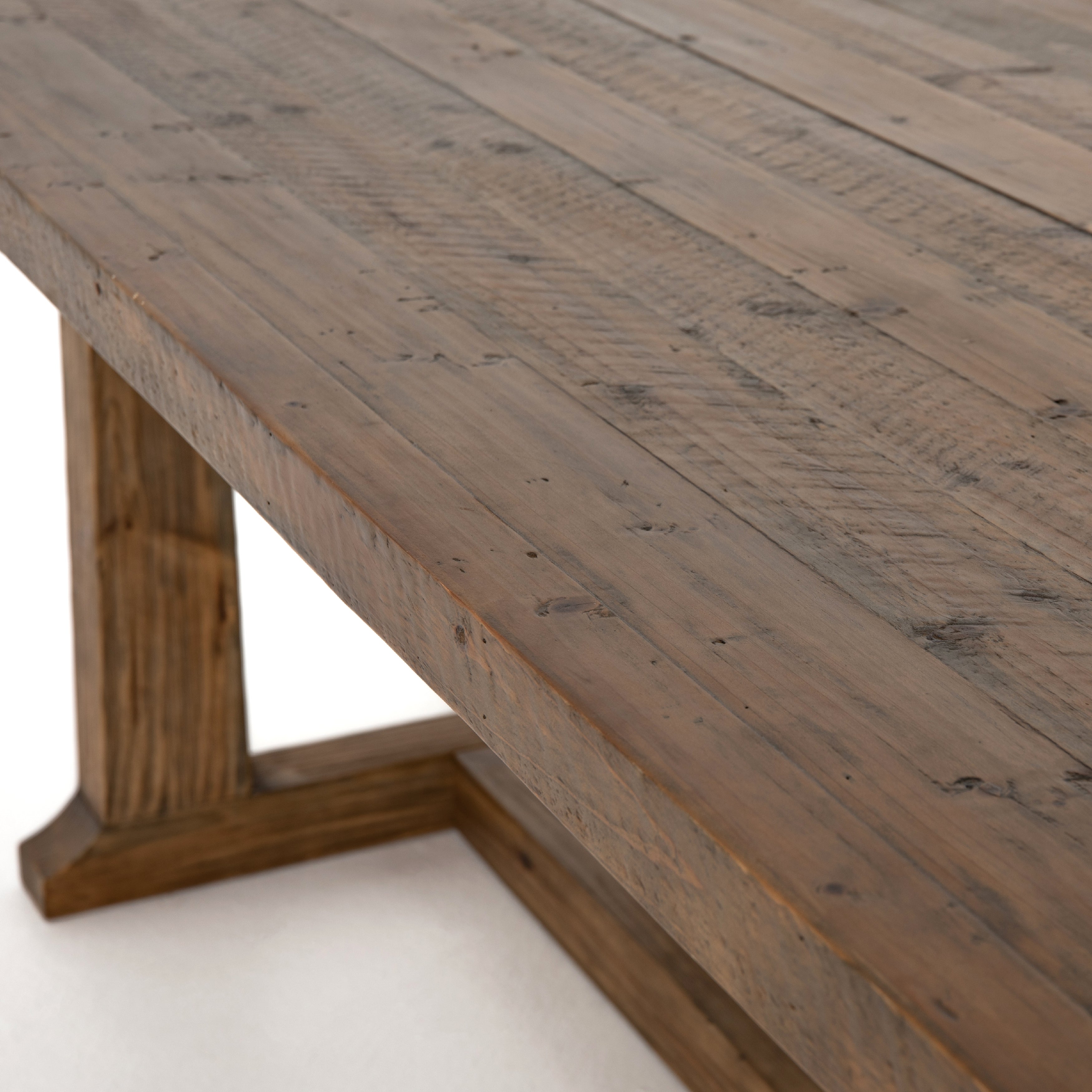 Featuring Otto Dining Table - 110" by Four Hands at Amethyst Home. Bring a traditional sense to the table with this Otto Dining Table - 110". Finished in a warm honey hue, a trestle-style base of reclaimed pine supports a rectangular top of pine, waxed and bleached for a rustic look with natural depth.
Amethyst Home celebrates natural materials, which often.  Amethyst Home provides interior design, new home construction design consulting, vintage area rugs, and lighting in the Portland metro area.