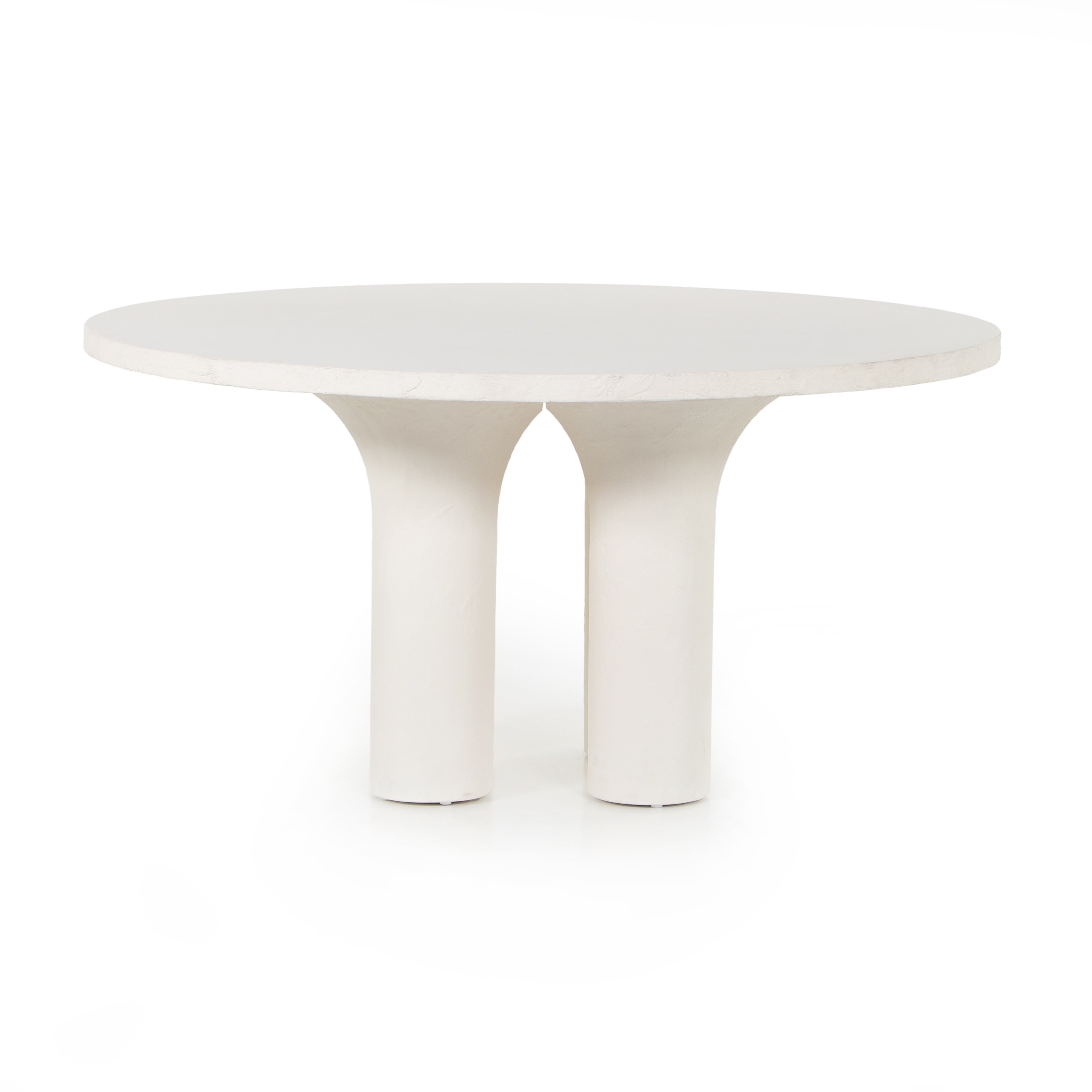 This Parra Dining Table - Plaster Molded Concrete is made from plaster-molded concrete with a cylindrical pillar-style base tapering slightly to support a smooth, white-finished tabletop. We love the texture and brightness this brings to any dining room or kitchen area.   Overall Dimensions: 59.75"w x 59.75"d x 30.00"h