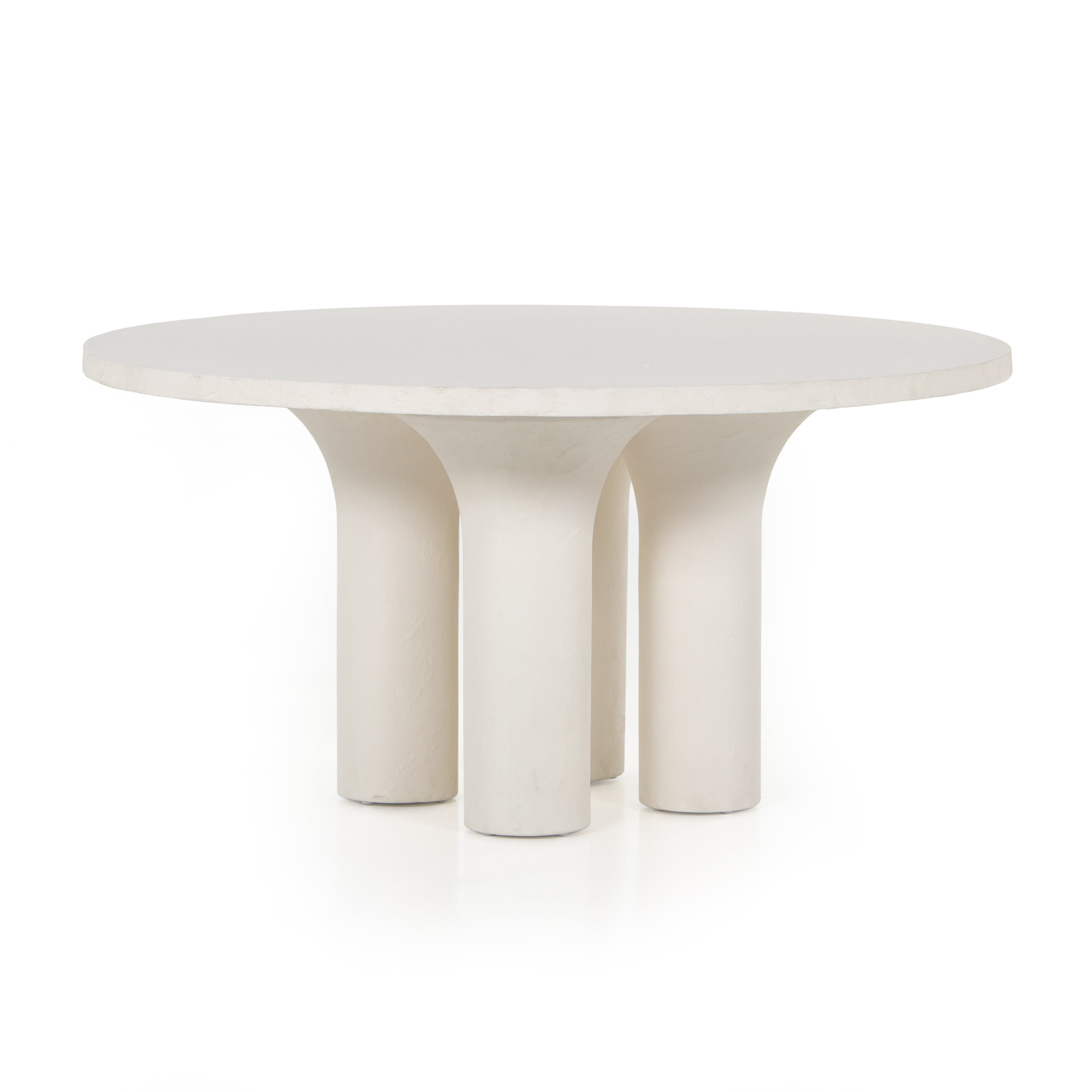 Featuring Parra Dining Table - Plaster Molded Concrete by Four Hands at Amethyst Home. This Parra Dining Table - Plaster Molded Concrete is made from plaster-molded concrete with a cylindrical pillar-style base tapering slightly to support a smooth, white-finished tabletop. We love the texture and brightness this brings to any dining room or kitchen area.   
O.  Amethyst Home provides interior design, new home construction design consulting, vintage area rugs, and lighting in the Miami metro area.
