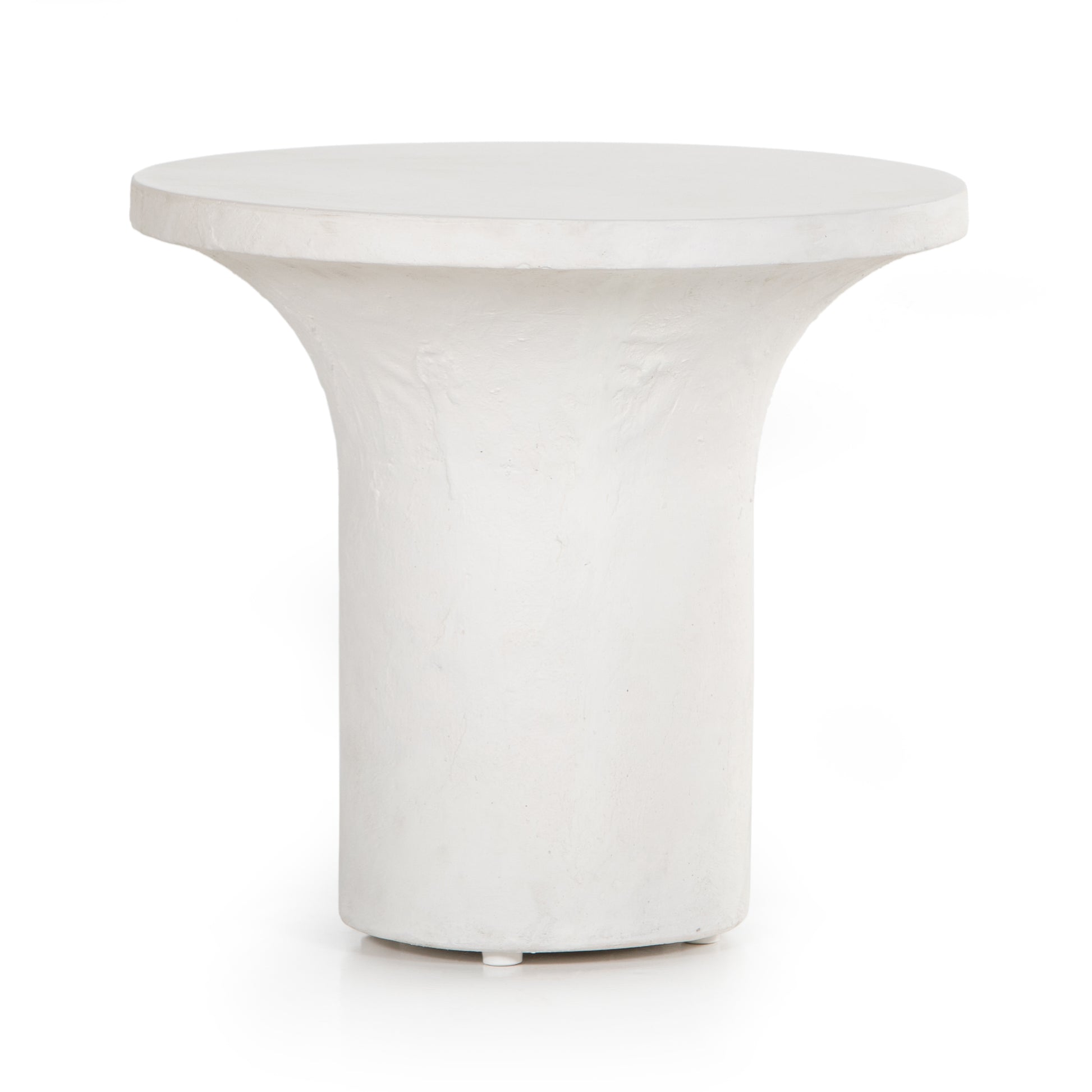 Made from plaster-molded concrete, a pedestal-style base supports a rounded tabletop of smooth, white-finished concrete in this Parra Low End Table - Plaster Molded Concrete. This brings a clean, adobe-inspired vibe to any living room or lounge area. Pair with the matching High End Table for a staggered look!   Overall Dimensions: 20.00"w x 20.00"d x 18.00"h