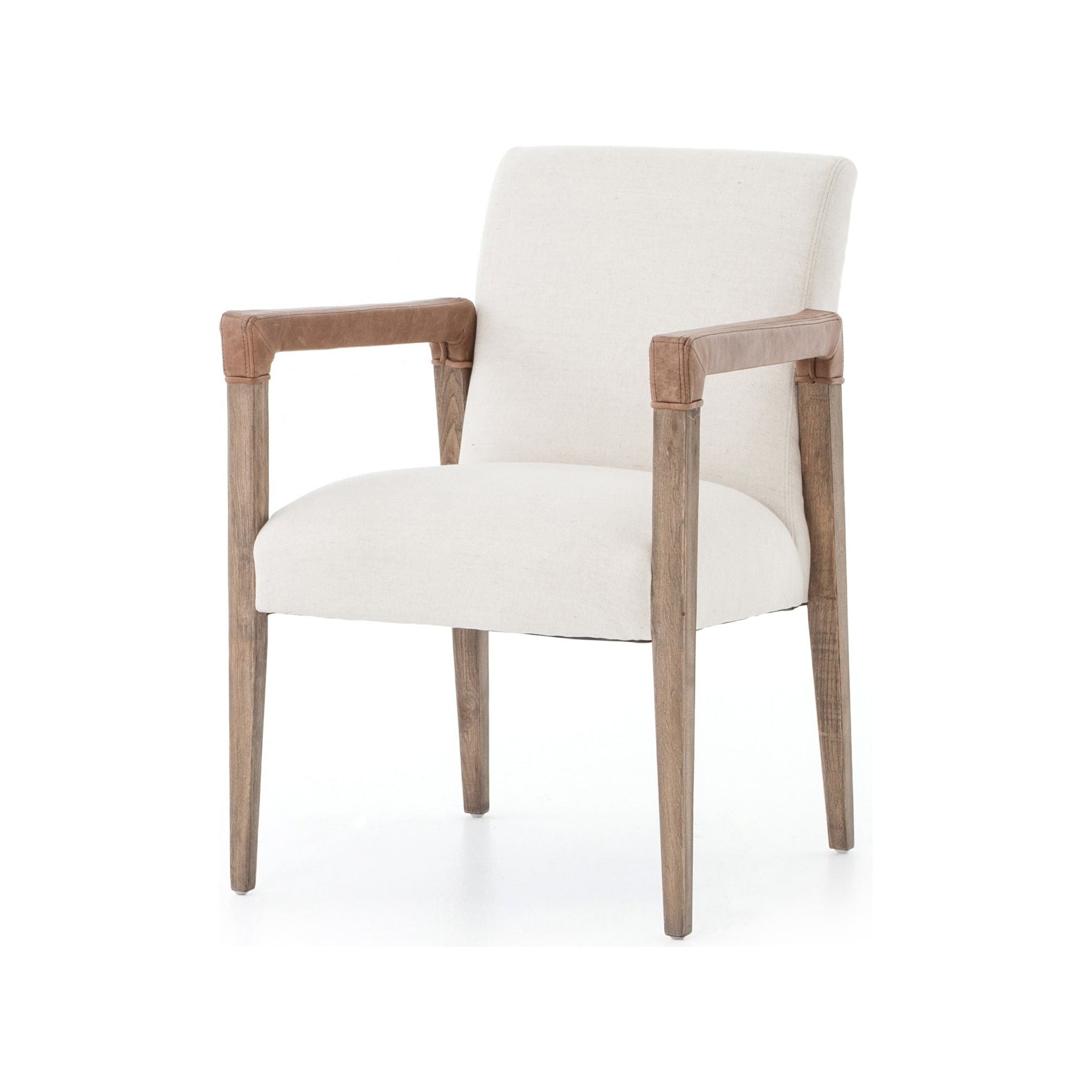 Elegance is no exaggeration with this Reuben Dining Chair - Harbor Natural. Slim, tapered oak with arms wrapped in vintage leather frames a floating seat covered in natural linen. We'd love to see this in your dining room, kitchen, or other space!  Overall Dimensions: 23.25"w x 25.50"d x 33.75"h
