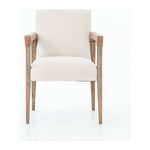 Elegance is no exaggeration with this Reuben Dining Chair - Harbor Natural. Slim, tapered oak with arms wrapped in vintage leather frames a floating seat covered in natural linen. We'd love to see this in your dining room, kitchen, or other space!  Overall Dimensions: 23.25"w x 25.50"d x 33.75"h
