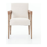 Elegance is no exaggeration with this Reuben Dining Chair - Harbor Natural. Slim, tapered oak with arms wrapped in vintage leather frames a floating seat covered in natural linen. We'd love to see this in your dining room, kitchen, or other space!  Overall Dimensions: 23.25"w x 25.50"d x 33.75"h