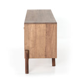 We love mid-century feel to this Reza Media Console - Smoked Honey. Finished in a light, smoked honey, a clean-lined parawood console sits in an arched cradle base of toasted acacia, for fresh contrast. Twist-lock metal hardware adds a clever finishing touch. Rear cutouts for media cord management.  Overall Dimensions: 84.00"w x 18.00"d x 28.25"h