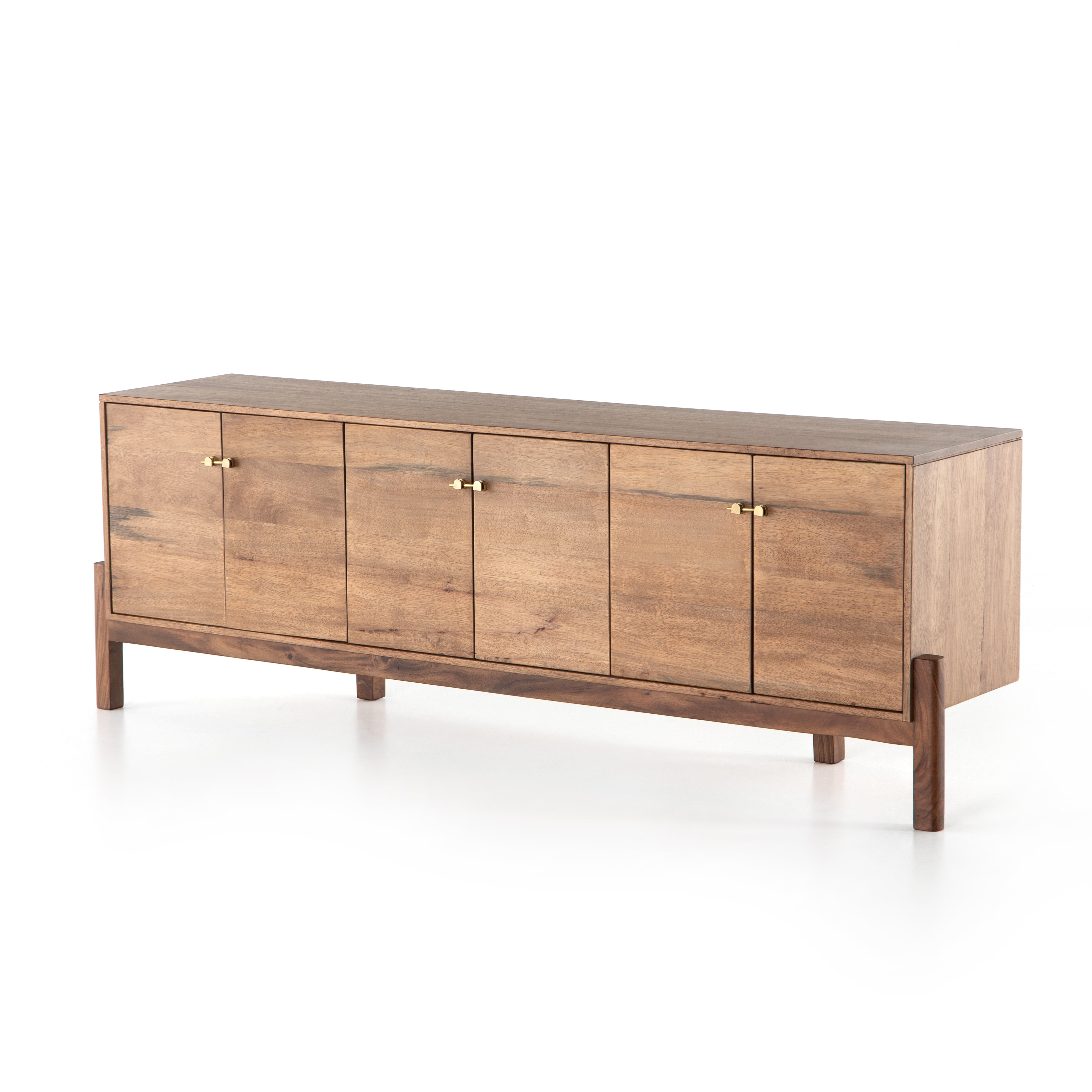 We love mid-century feel to this Reza Media Console - Smoked Honey. Finished in a light, smoked honey, a clean-lined parawood console sits in an arched cradle base of toasted acacia, for fresh contrast. Twist-lock metal hardware adds a clever finishing touch. Rear cutouts for media cord management.  Overall Dimensions: 84.00"w x 18.00"d x 28.25"h