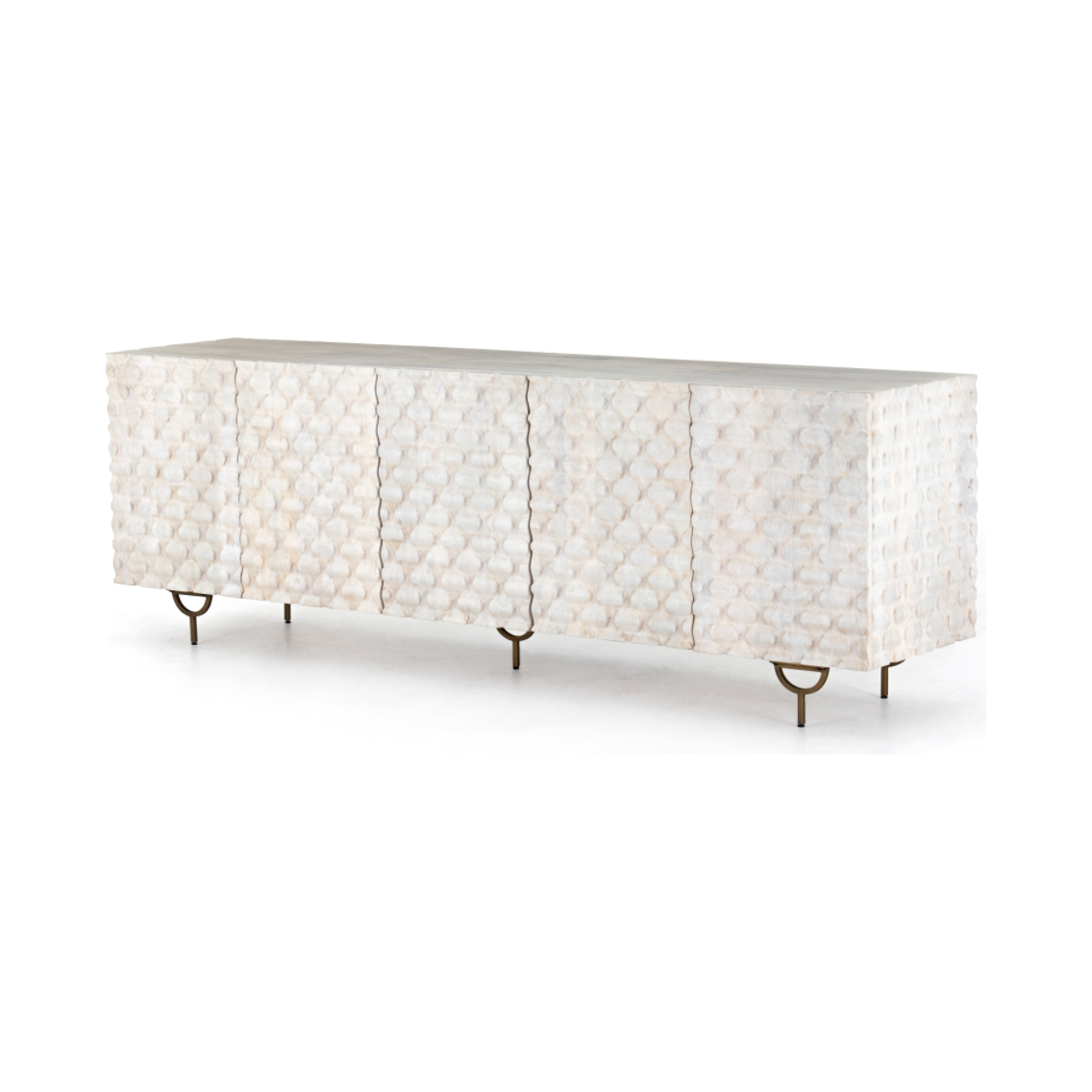 We love the texture of this Rio Media Console - Round Cut White Wash. Made from solid mango with spacious interior shelving and a rear cutout for card management, this is a beautiful piece to add to any living room or entertainment area.   Overall Dimensions: 82.00"w x 18.25"d x 28.00"h