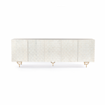 Featuring Rio Media Console - Round Cut White Wash by Four Hands at Amethyst Home. We love the texture of this Rio Media Console - Round Cut White Wash. Made from solid mango with spacious interior shelving and a rear cutout for card management, this is a beautiful piece to add to any living room or entertainment area. 
Overall Dimensions: 82"W x 18.25"L .  Amethyst Home provides interior design, new home construction design consulting, vintage area rugs, and lighting in the Des Moines metro area.