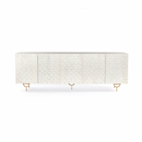 Featuring Rio Media Console - Round Cut White Wash by Four Hands at Amethyst Home. We love the texture of this Rio Media Console - Round Cut White Wash. Made from solid mango with spacious interior shelving and a rear cutout for card management, this is a beautiful piece to add to any living room or entertainment area. 
Overall Dimensions: 82"W x 18.25"L .  Amethyst Home provides interior design, new home construction design consulting, vintage area rugs, and lighting in the Des Moines metro area.