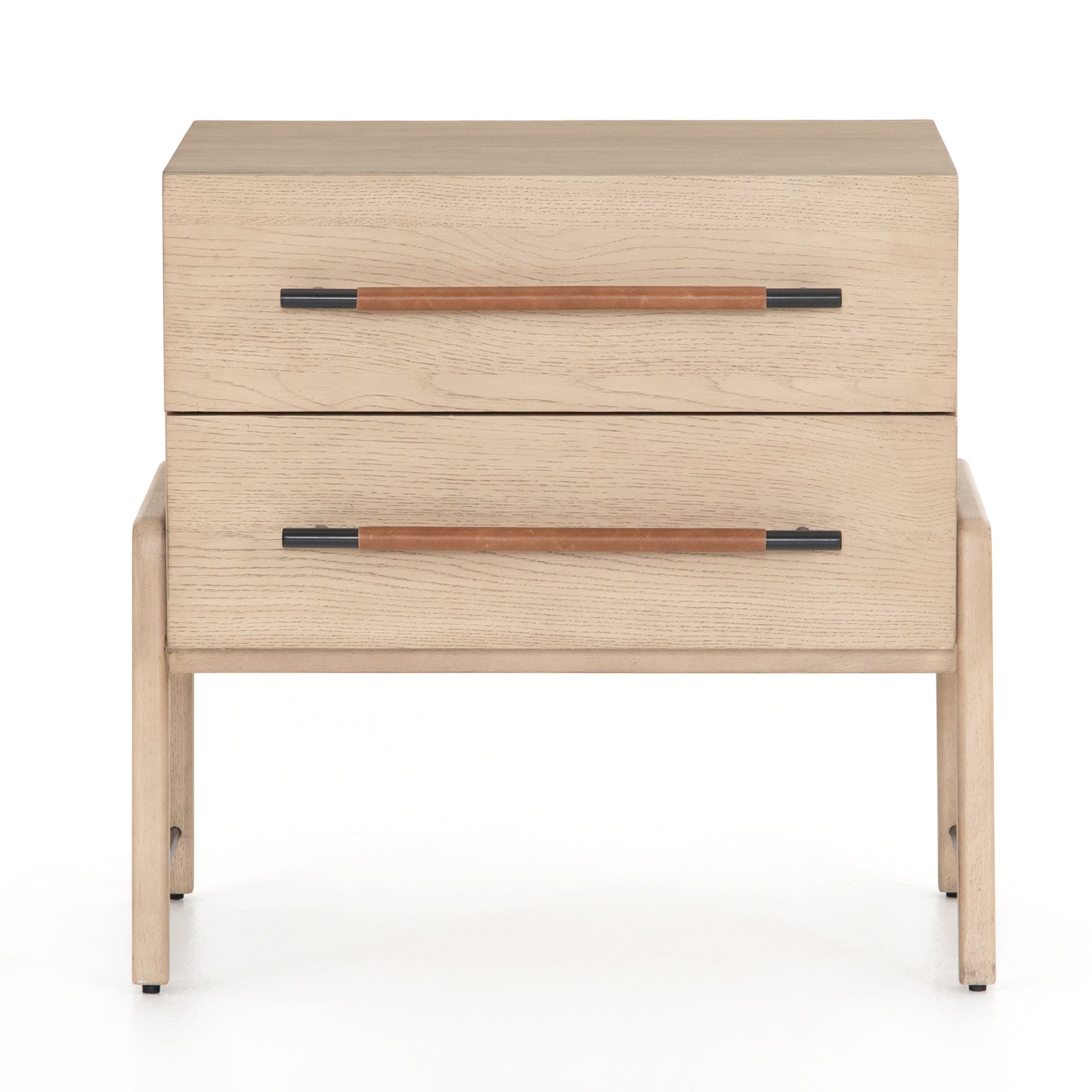 The light-finished oak of this Rosedale Nightstand brings a clean, brightness to any room. We love how the two spacious drawers have iron hardware wrapped in a gorgeous, tan leather. The dimension legs with iron connecting them bring a unique look to your bedroom or other area! Overall Dimensions: 27.25"w x 19.50"d x 26.00"h Materials: Oak Veneer, Top Grain Leather, Iron, Solid Oak