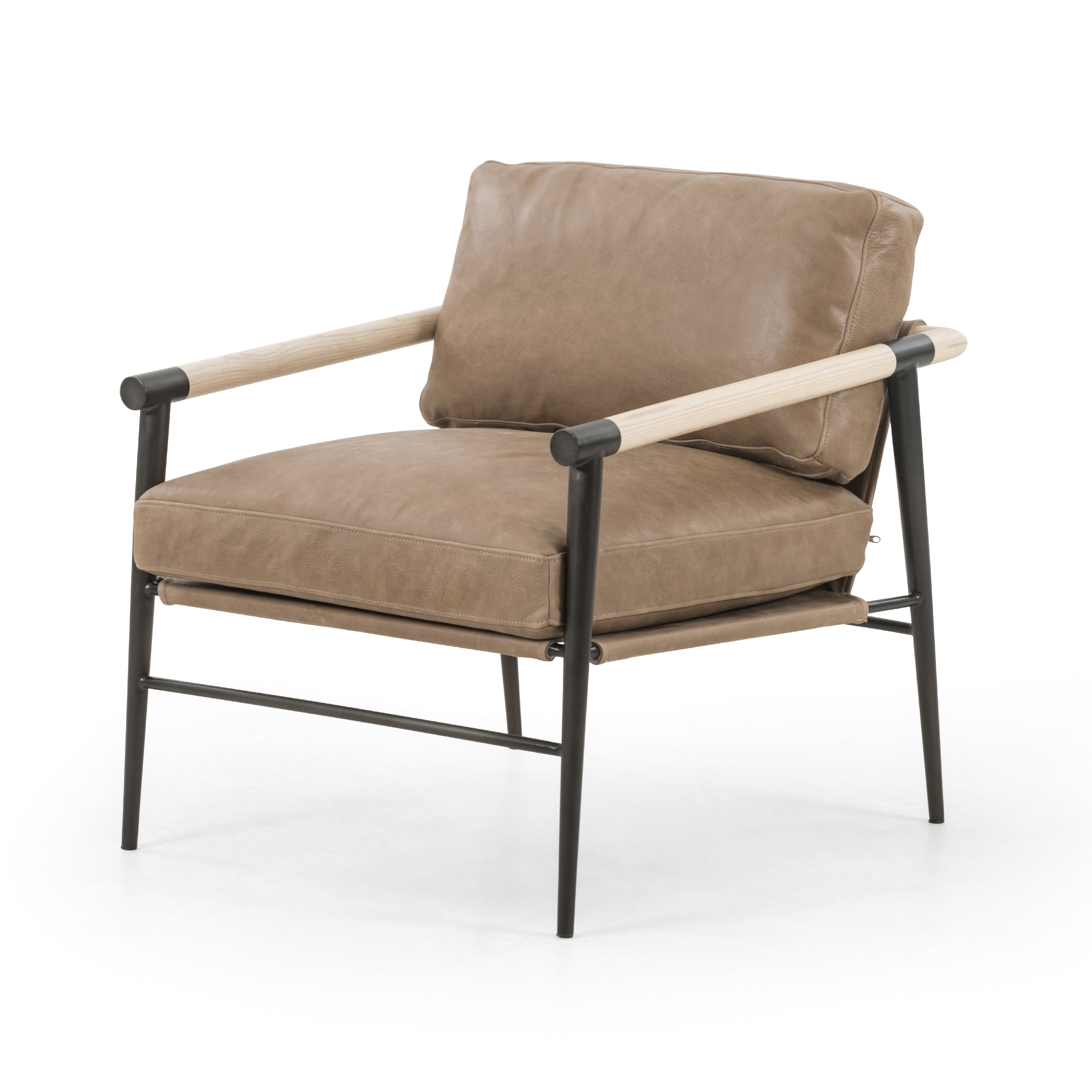 Featuring Rowen Chair - Palermo Drift by Four Hands at Amethyst Home. We love the slim, black steel frame of this Rowen Chair - Palermo Drift. Buttery, pronounced seating of tan top-grain leather with whitewashed ash accentuating angular arms make this an attractive seating choice for any living room, bedroom, or lounge area. 
Overall Dimensions: 27.50.  Amethyst Home provides interior design, new home construction design consulting, vintage area rugs, and lighting in the Newport Beach metro area.