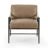Featuring Rowen Chair - Palermo Drift by Four Hands at Amethyst Home. We love the slim, black steel frame of this Rowen Chair - Palermo Drift. Buttery, pronounced seating of tan top-grain leather with whitewashed ash accentuating angular arms make this an attractive seating choice for any living room, bedroom, or lounge area. 
Overall Dimensions: 27.50"W x.  Amethyst Home provides interior design, new home construction design consulting, vintage area rugs, and lighting in the Charlotte metro area.