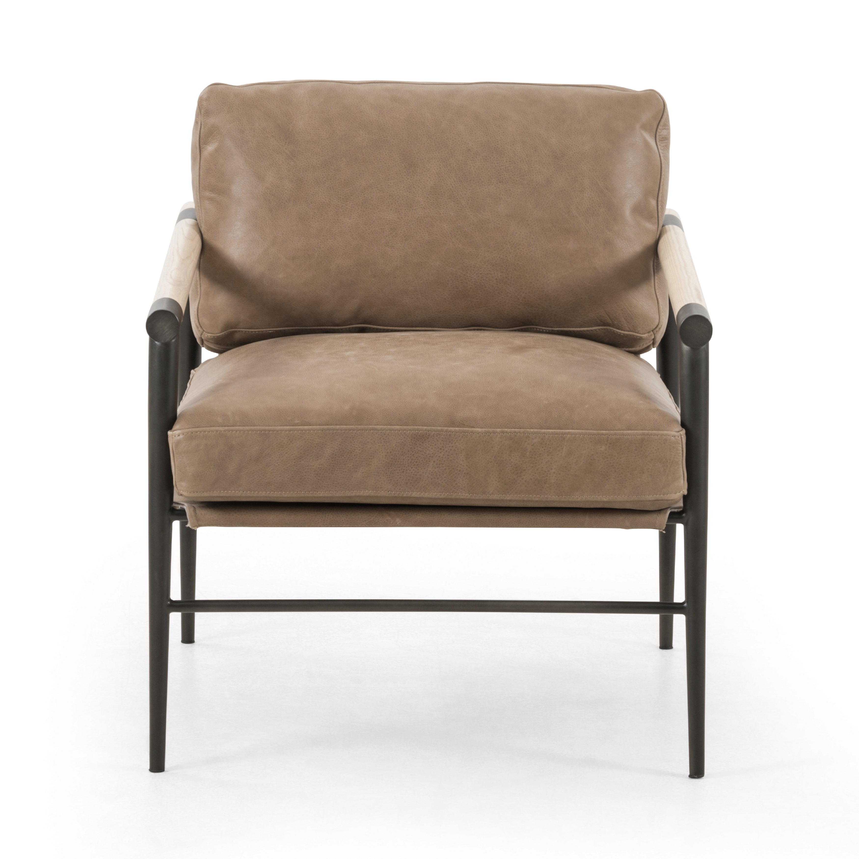 We love the slim, black steel frame of this Rowen Chair - Palermo Drift. Buttery, pronounced seating of tan top-grain leather with whitewashed ash accentuating angular arms make this an attractive seating choice for any living room, bedroom, or lounge area.   Overall Dimensions: 27.50"w x 32.00"d x 31.00"h