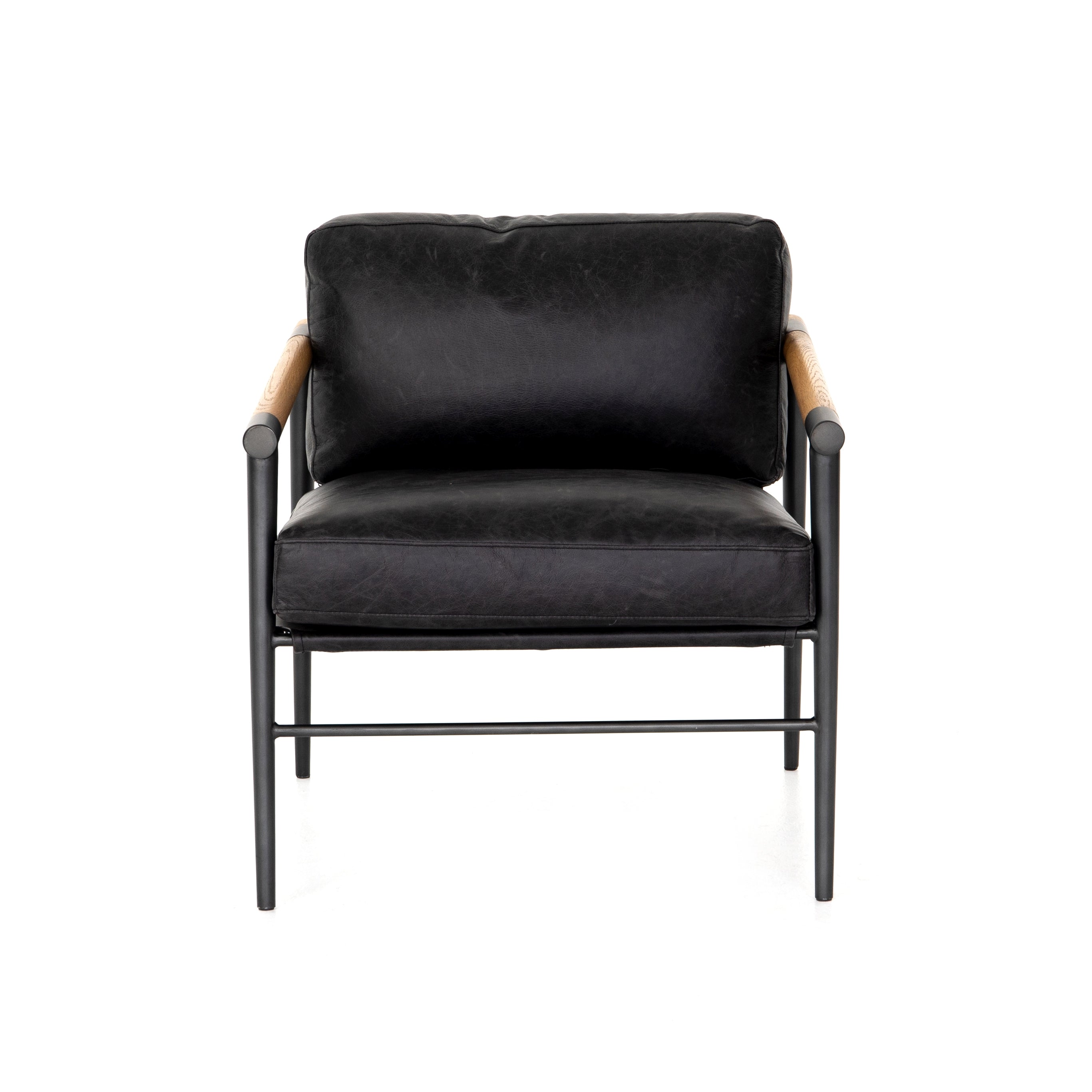 This Rowen Chair - Sonoma Black has buttery black seating of top-grain leather, with angular arms of exposed oak providing fresh contrast. A comfy, modern chair to add to any living room, bedroom, or other area.   Overall Dimensions: 27.50"w x 32.00"d x 31.00"h