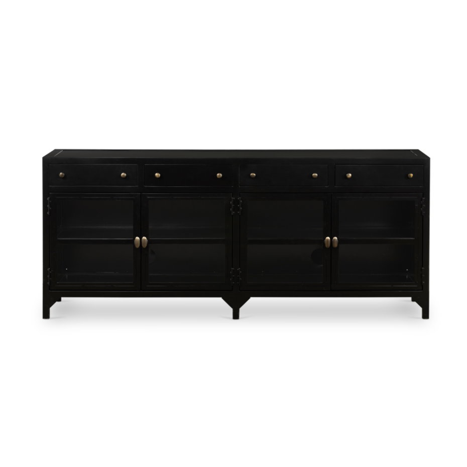 This Shadow Box Media Console Table gives your inner collector a place to play. Frame prized posessions in a glass enclosure with matte-black metal and brass knobs.  Size: 69.00"w x 19.00"d x 29.25"h  Colors: Black, Tempered Glass Materials: Iron, Tempered Glass