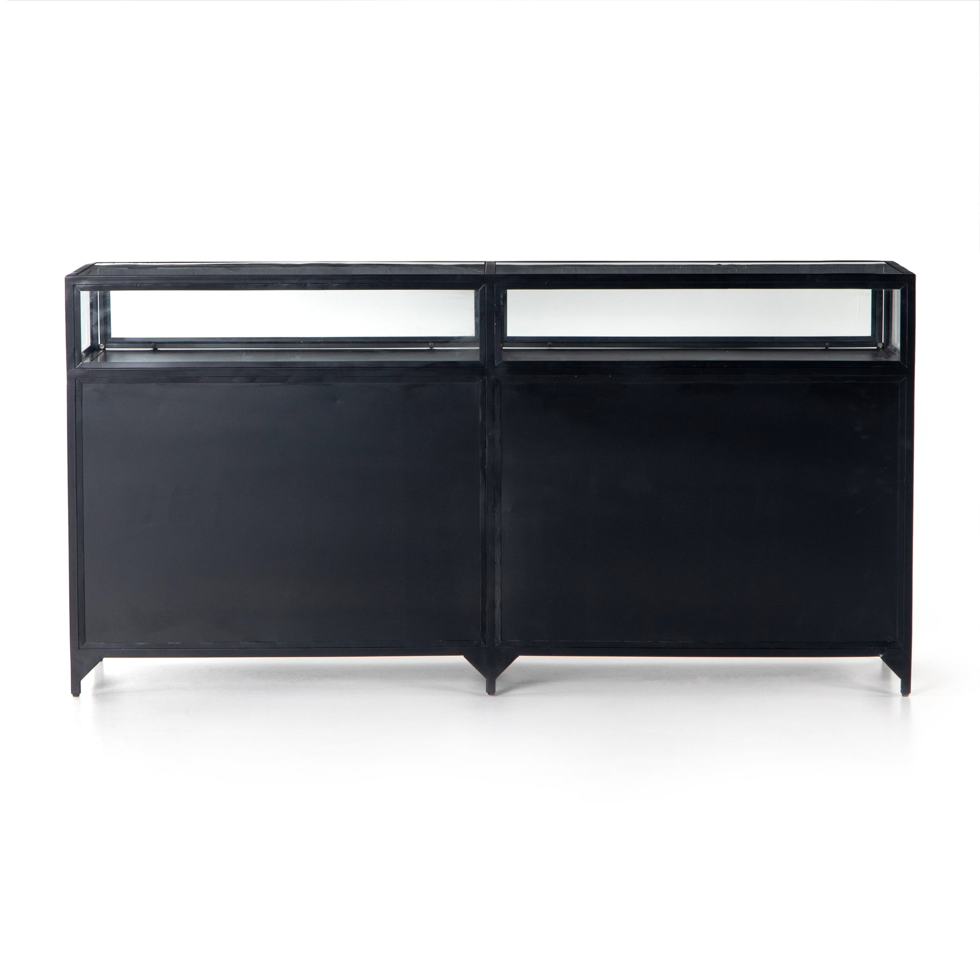 This Shadow Box Sideboard gives your inner collector a place to play. Store prized possessions behind clear glass fronts, with black-finished metal casing and brass hardware for contrast.  Overall Dimensions: 70.00"w x 17.25"d x 35.00"h