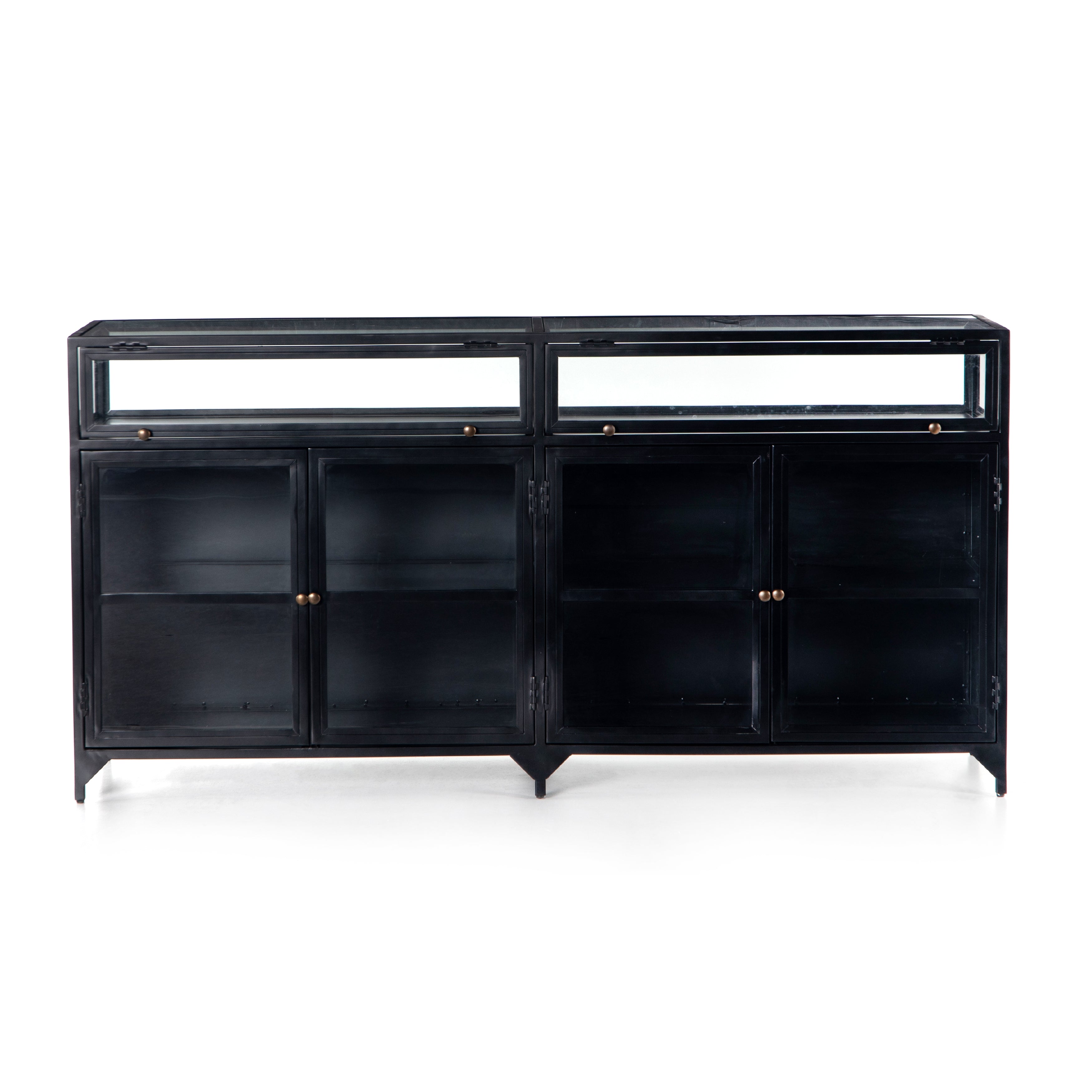 This Shadow Box Sideboard gives your inner collector a place to play. Store prized possessions behind clear glass fronts, with black-finished metal casing and brass hardware for contrast.  Overall Dimensions: 70.00"w x 17.25"d x 35.00"h