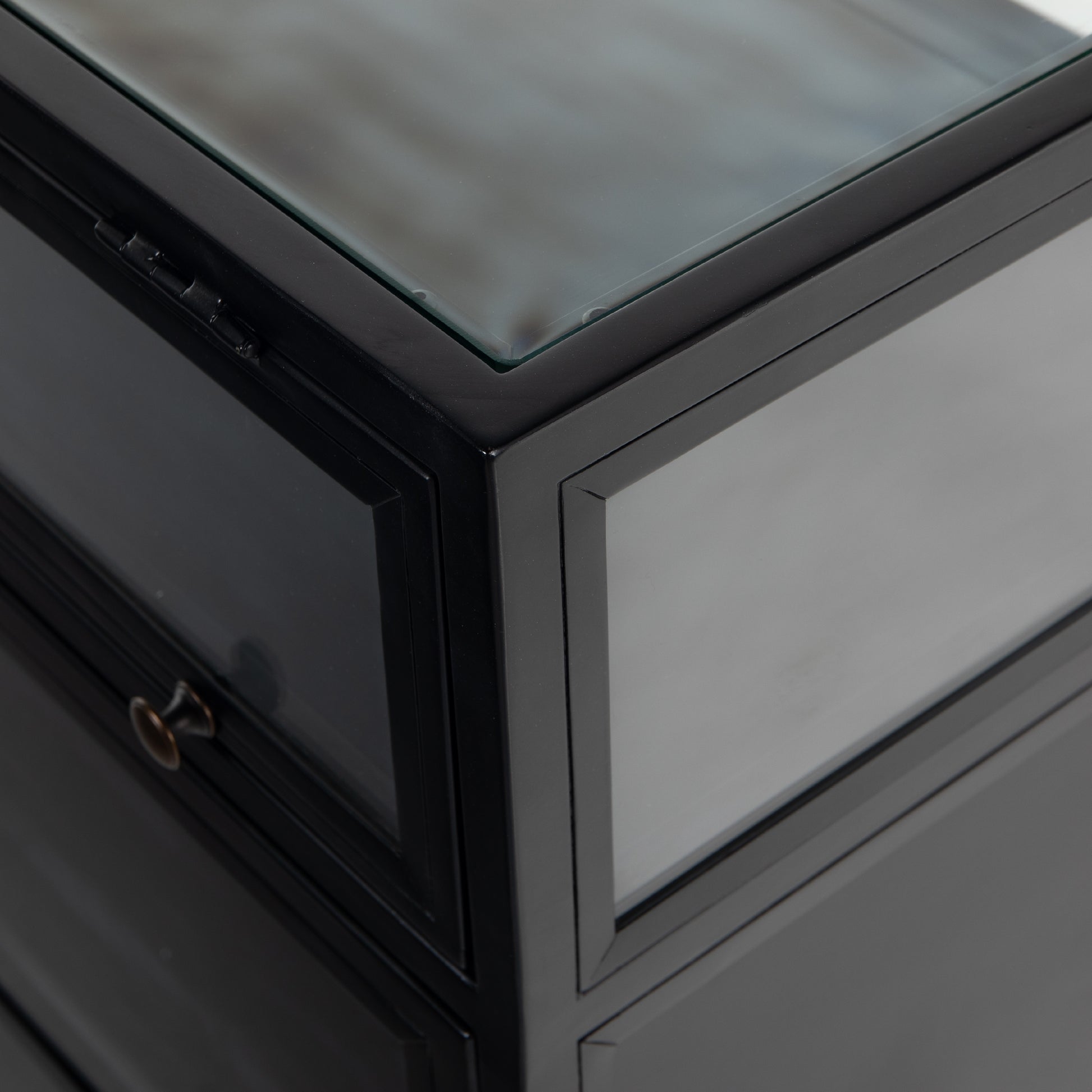 This Shadow Box Sideboard gives your inner collector a place to play. Store prized possessions behind clear glass fronts, with black-finished metal casing and brass hardware for contrast.  Overall Dimensions: 70.00"w x 17.25"d x 35.00"h
