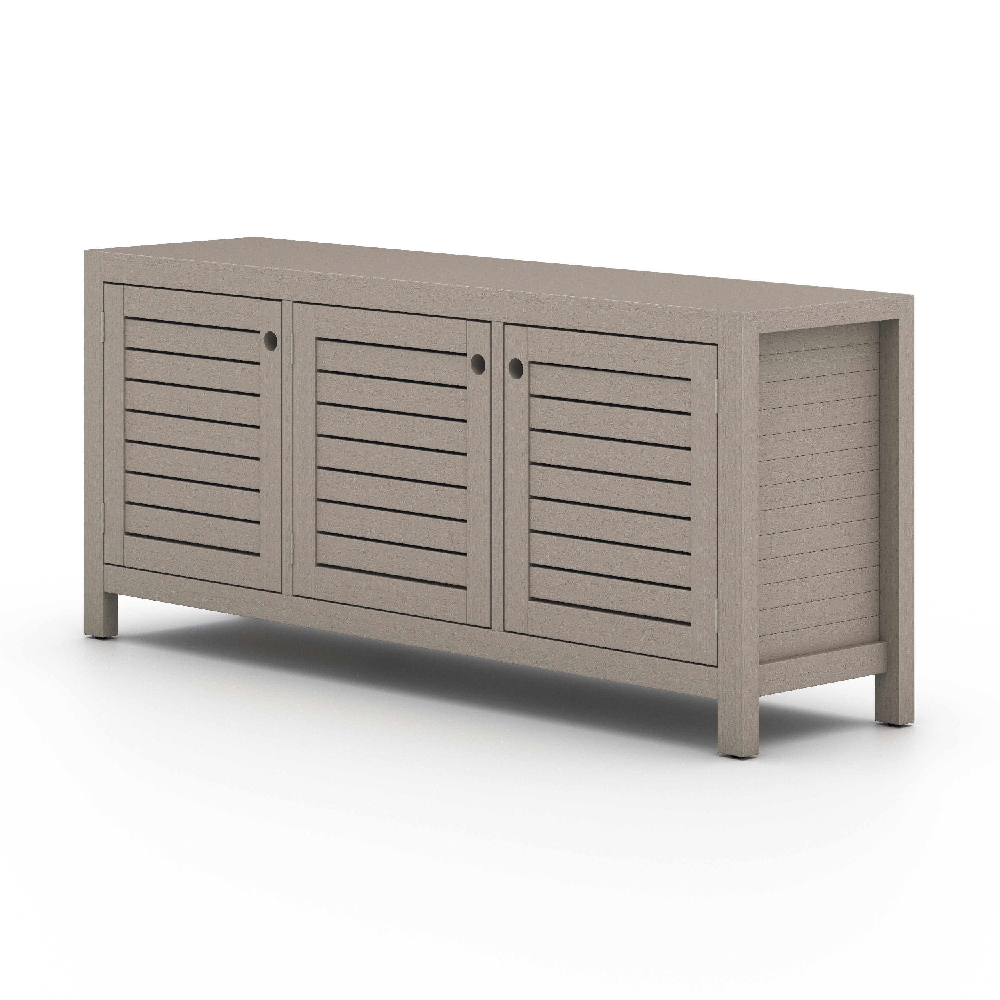 Take outdoor storage to the next level with this Sonoma Outdoor Sideboard - Weathered Grey. Finished in a weathered grey, solid FSC-certified teak forms a modern-minded sideboard, with slatted fronts for a light, linear look. Cover or store indoors during inclement weather and when not in use.  Overall Dimensions: 70.00"w x 18.00"d x 30.00"h