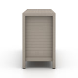 Featuring Sonoma Outdoor Sideboard - Weathered Grey by Four Hands at Amethyst Home. Take outdoor storage to the next level with this Sonoma Outdoor Sideboard - Weathered Grey. Finished in a weathered grey, solid FSC-certified teak forms a modern-minded sideboard, with slatted fronts for a light, linear look. Cover or store indoors during inclement weather and.  Amethyst Home provides interior design, new home construction design consulting, vintage area rugs, and lighting in the Austin metro area.