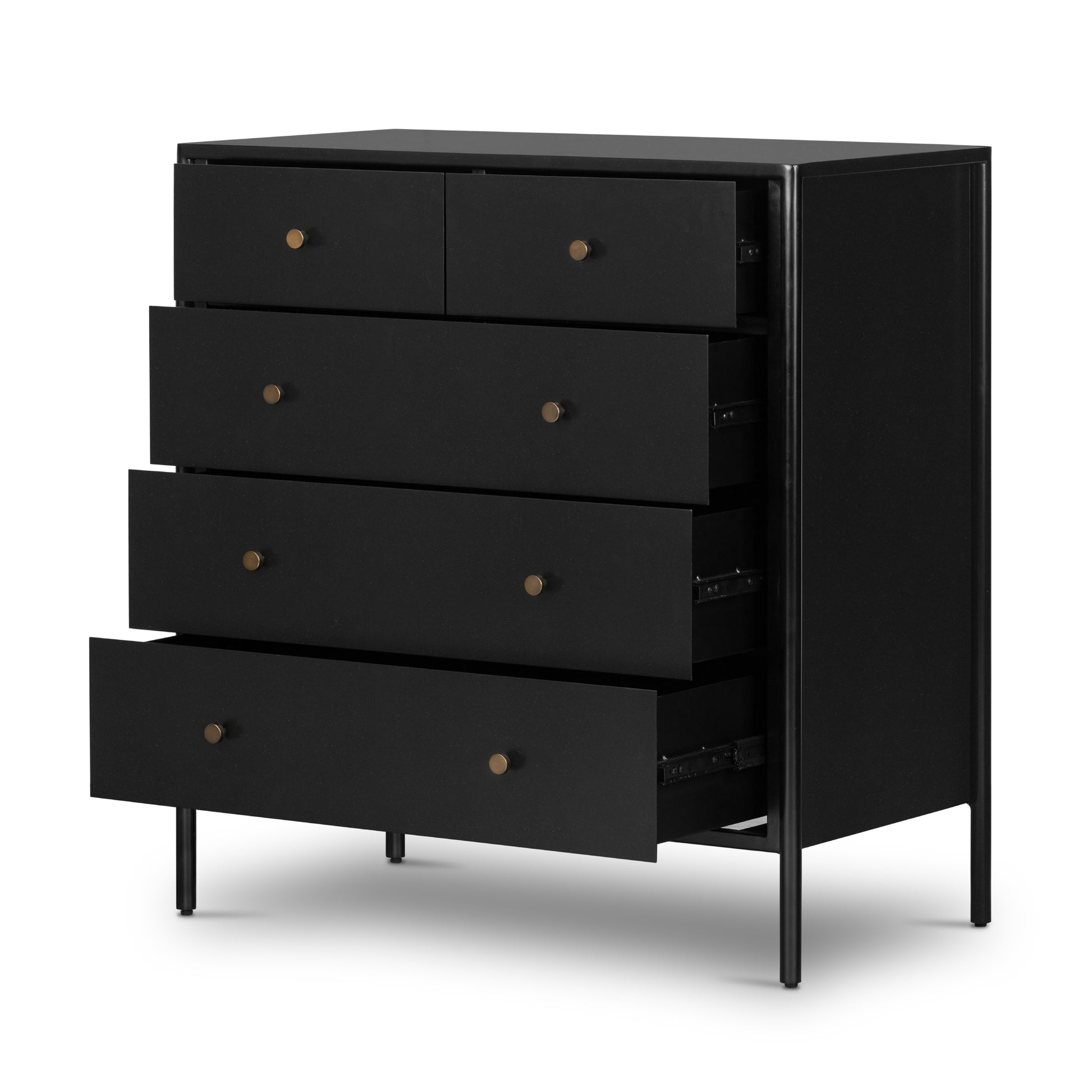 Bring a clean, beautifully industrial look to the bedroom with this Soto 5 Drawer Dresser - Black!  The roomy five-drawer dresser is made from black-finished iron, featuring bronzed iron hardware to elevate the look of any bedroom!  Overall Dimensions: 36.00"w x 19.00"d x 38.50"h