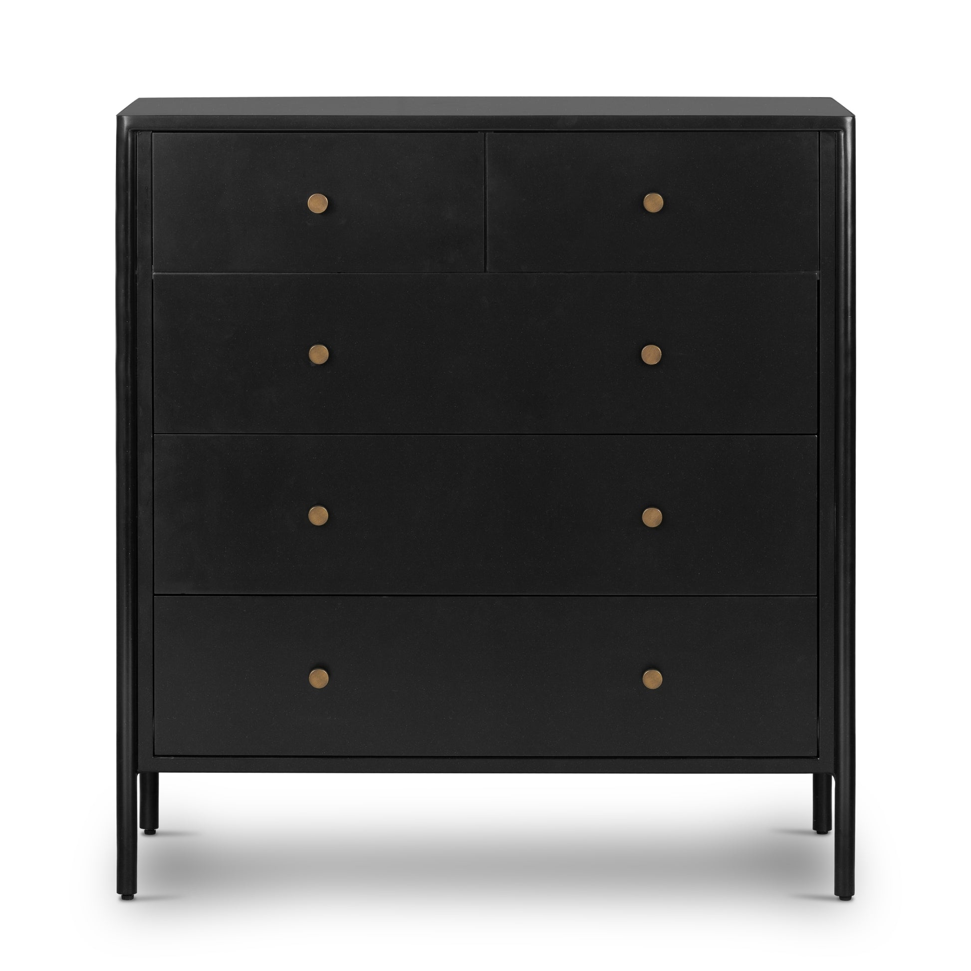 Bring a clean, beautifully industrial look to the bedroom with this Soto 5 Drawer Dresser - Black!  The roomy five-drawer dresser is made from black-finished iron, featuring bronzed iron hardware to elevate the look of any bedroom!  Overall Dimensions: 36.00"w x 19.00"d x 38.50"h
